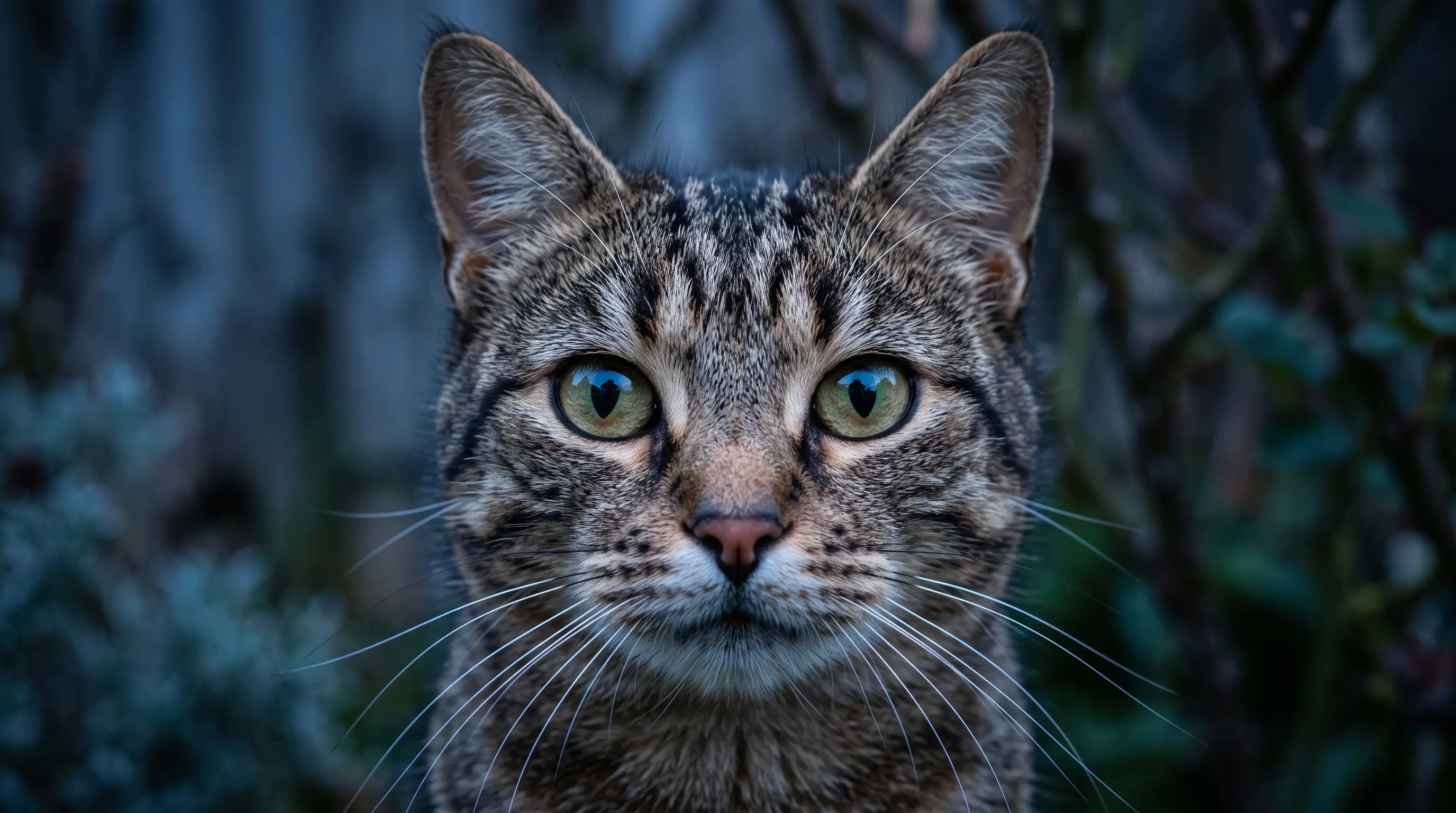 Close-up of a tabby cat's face at twilight, large eyes catching the last light, whiskers spread wide