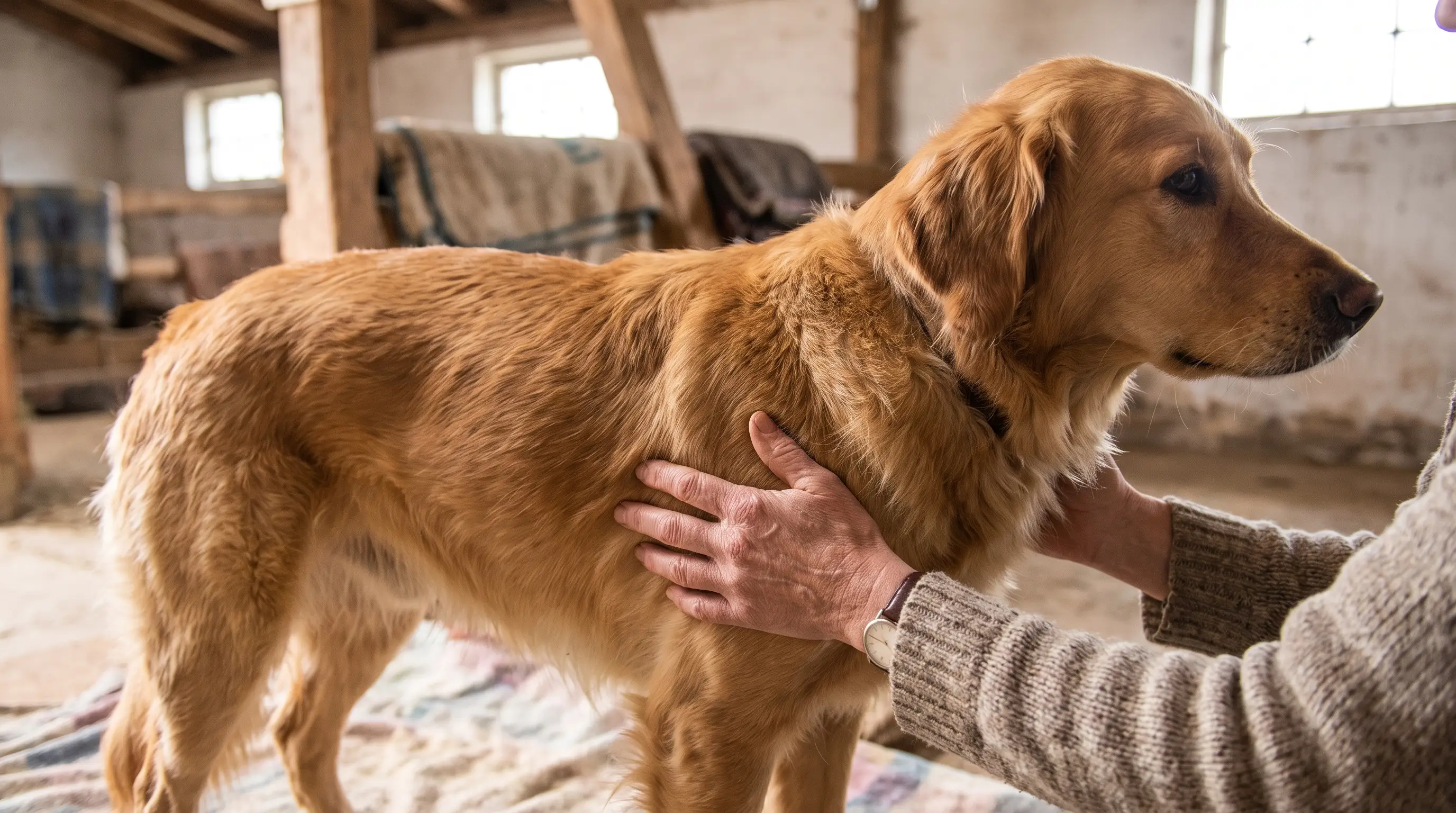 A person's hands running flat along a dog's ribcage to check body condition