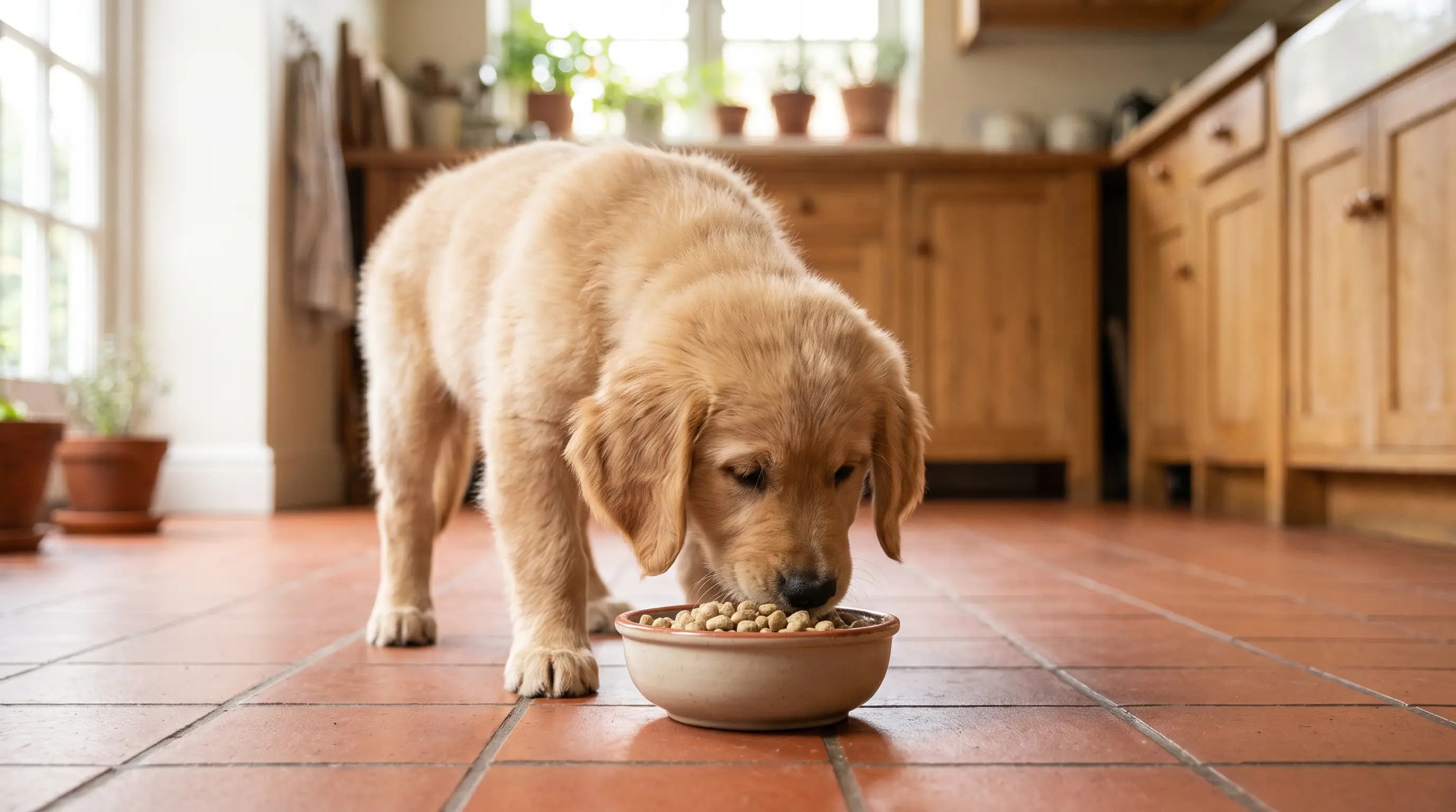 A young puppy eating from a small bowl of growth-formula food