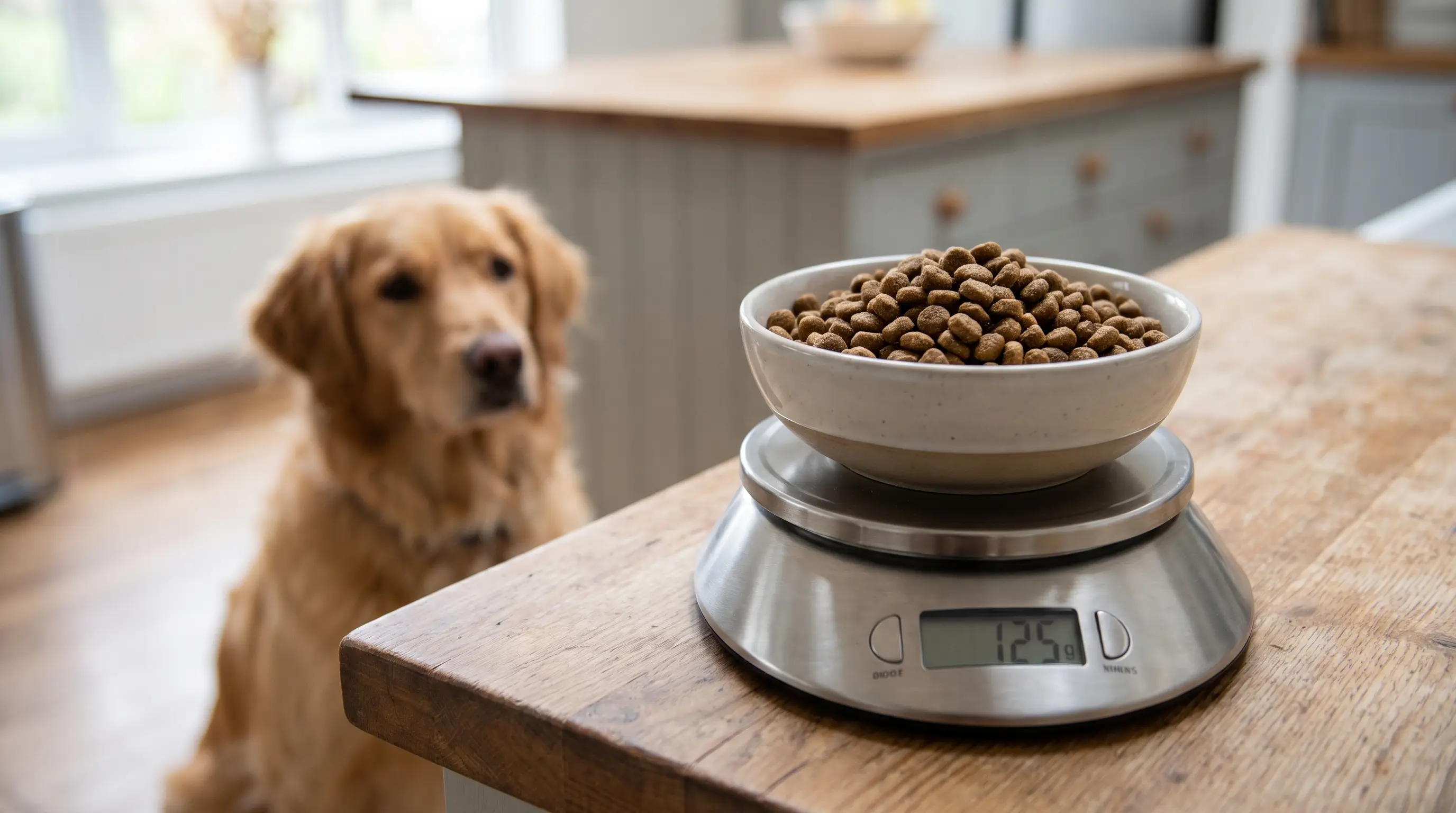 Dry kibble being weighed on a small kitchen scale