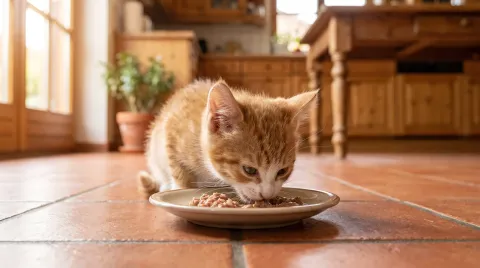 A small kitten eating from a shallow saucer of food on a tiled floor