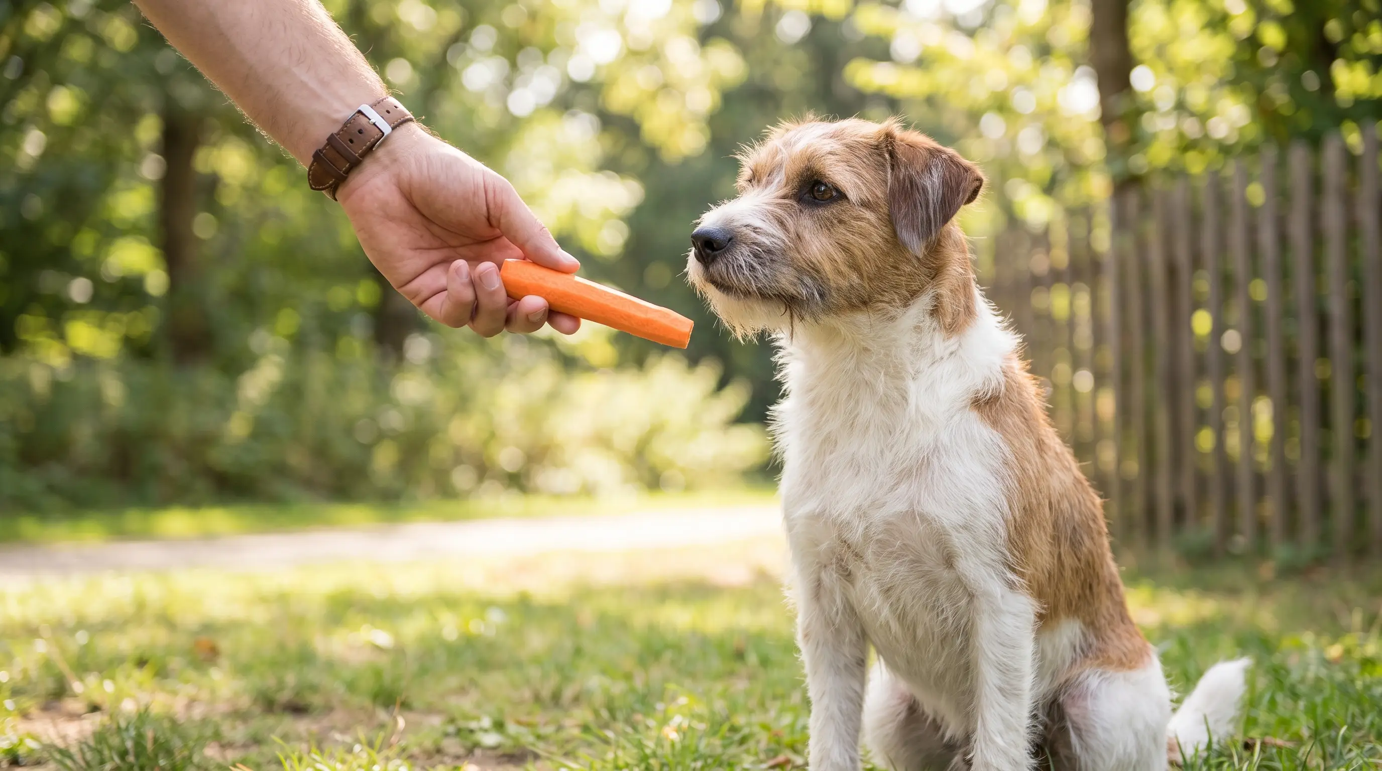 A hand offering a raw carrot stick to an attentive medium-sized dog sitting outdoors.