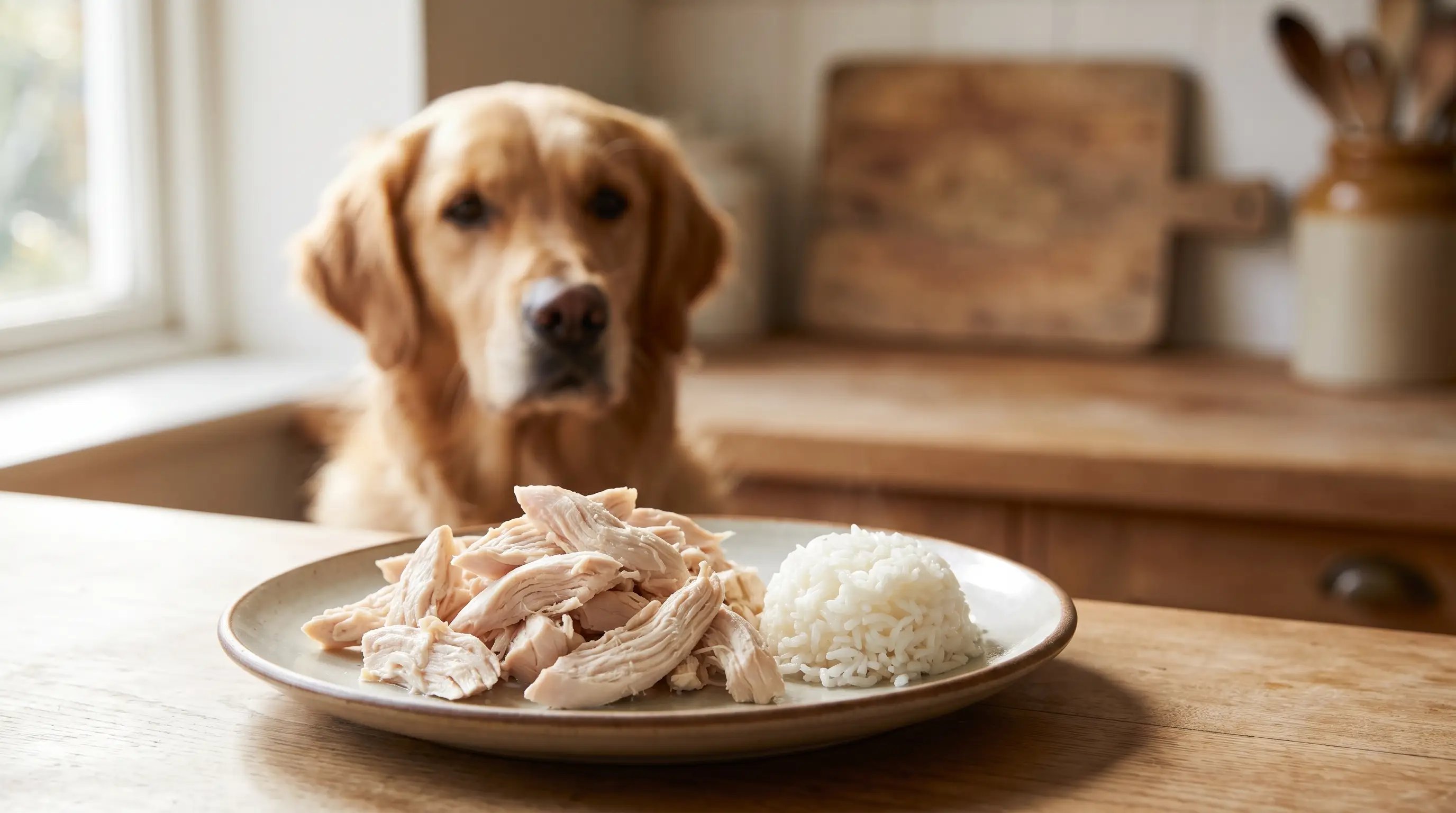 A plate of plain boiled shredded chicken and white rice on a kitchen counter with a dog waiting in soft focus behind.