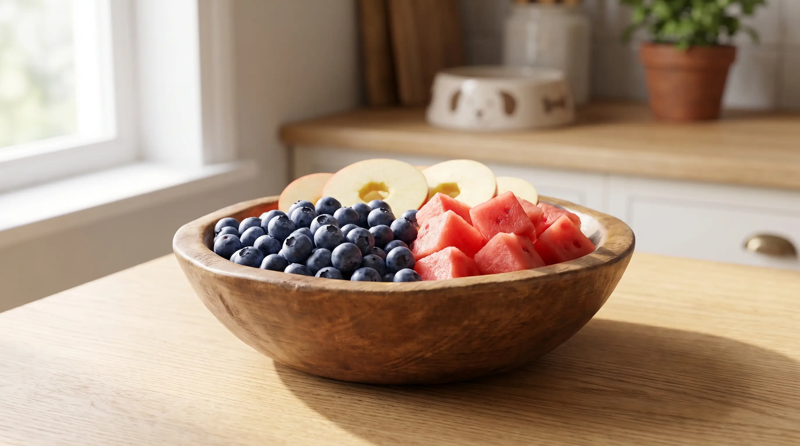 A wooden bowl of dog-safe fruit with blueberries, seedless watermelon cubes and cored apple slices on a bright table.