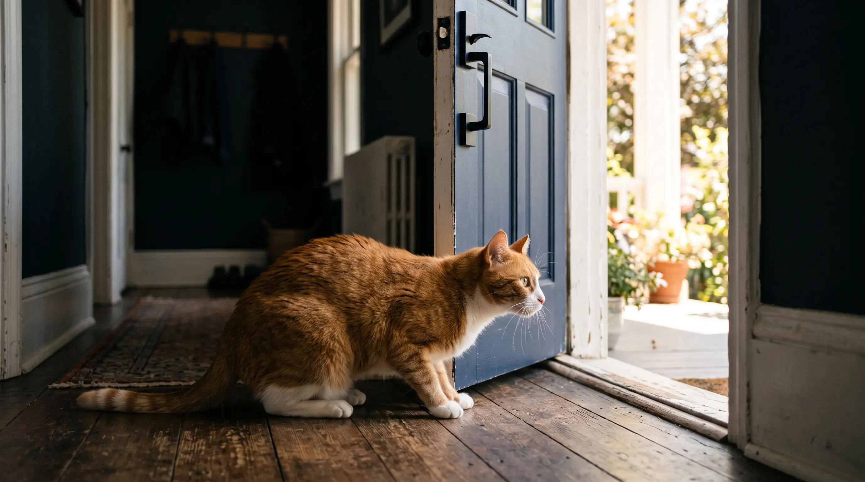 Ginger and white cat crouched low by a front door left ajar, poised to dash through the gap