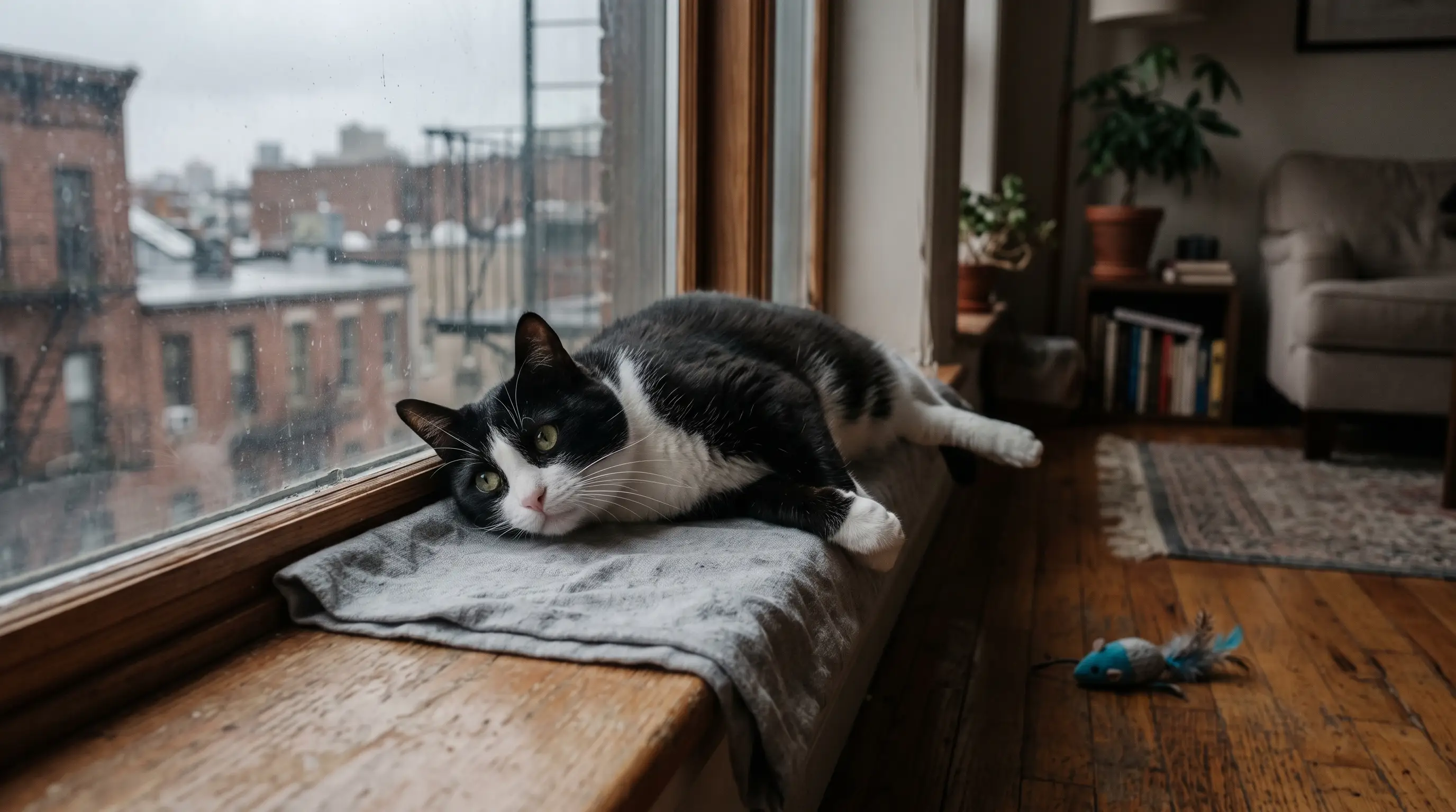 Black and white cat lying flat on a windowsill staring blankly through the glass, an untouched toy behind it