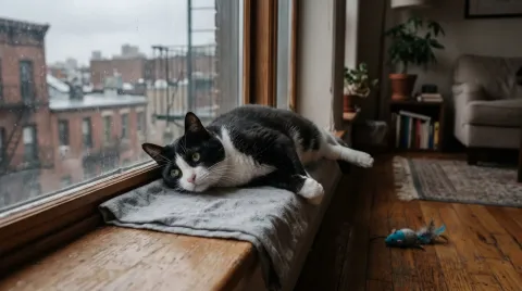 Black and white cat lying flat on a windowsill staring blankly through the glass, an untouched toy behind it