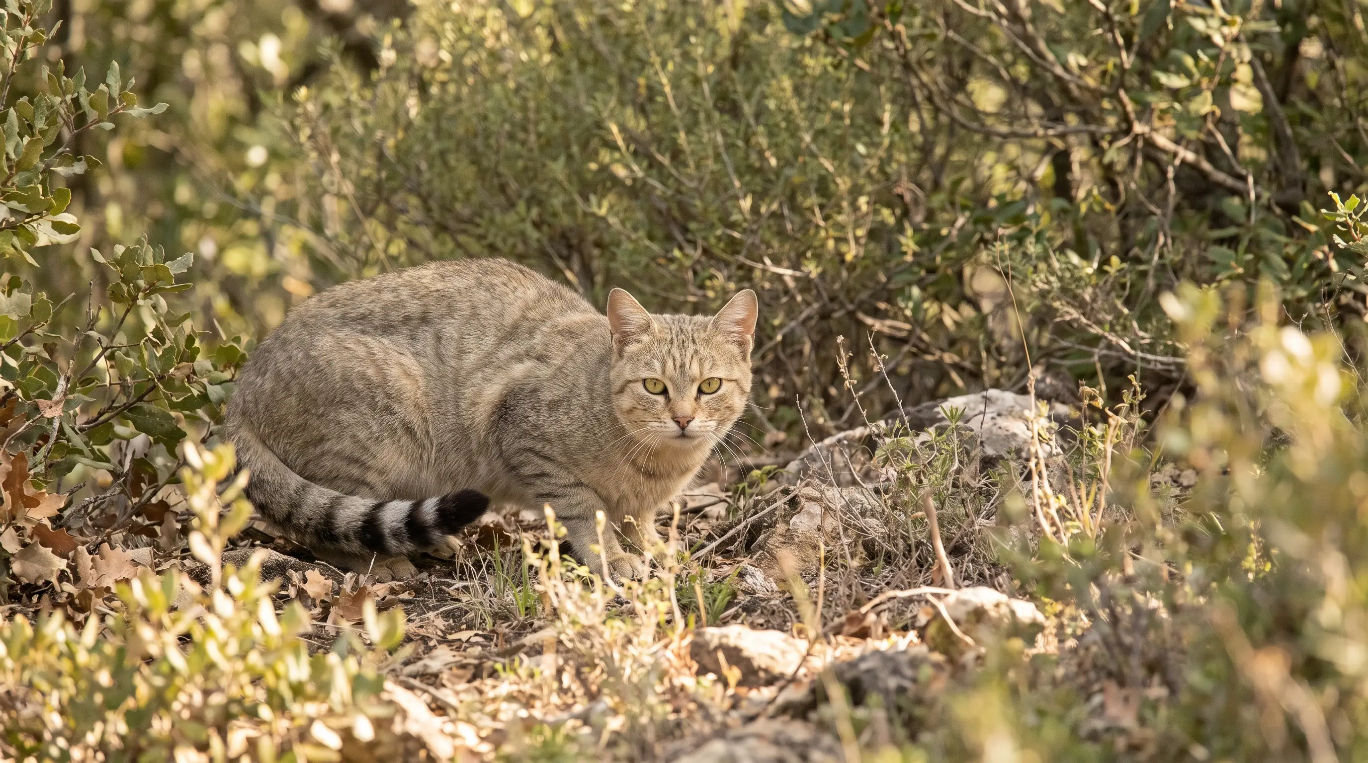 A Sardinian wildcat with a ringed tail resting in Mediterranean scrub woodland