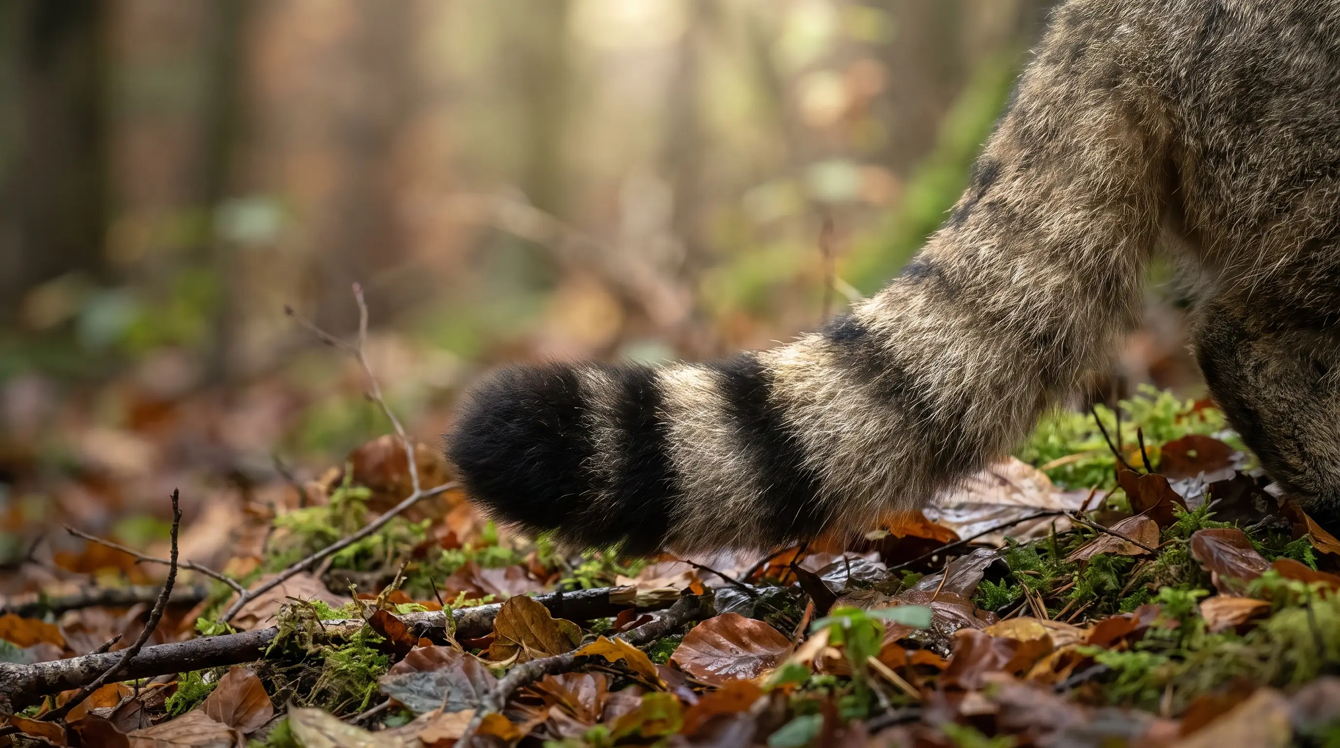 Close view of a wildcat's thick blunt tail, ringed with black bands and ending in a rounded black tip
