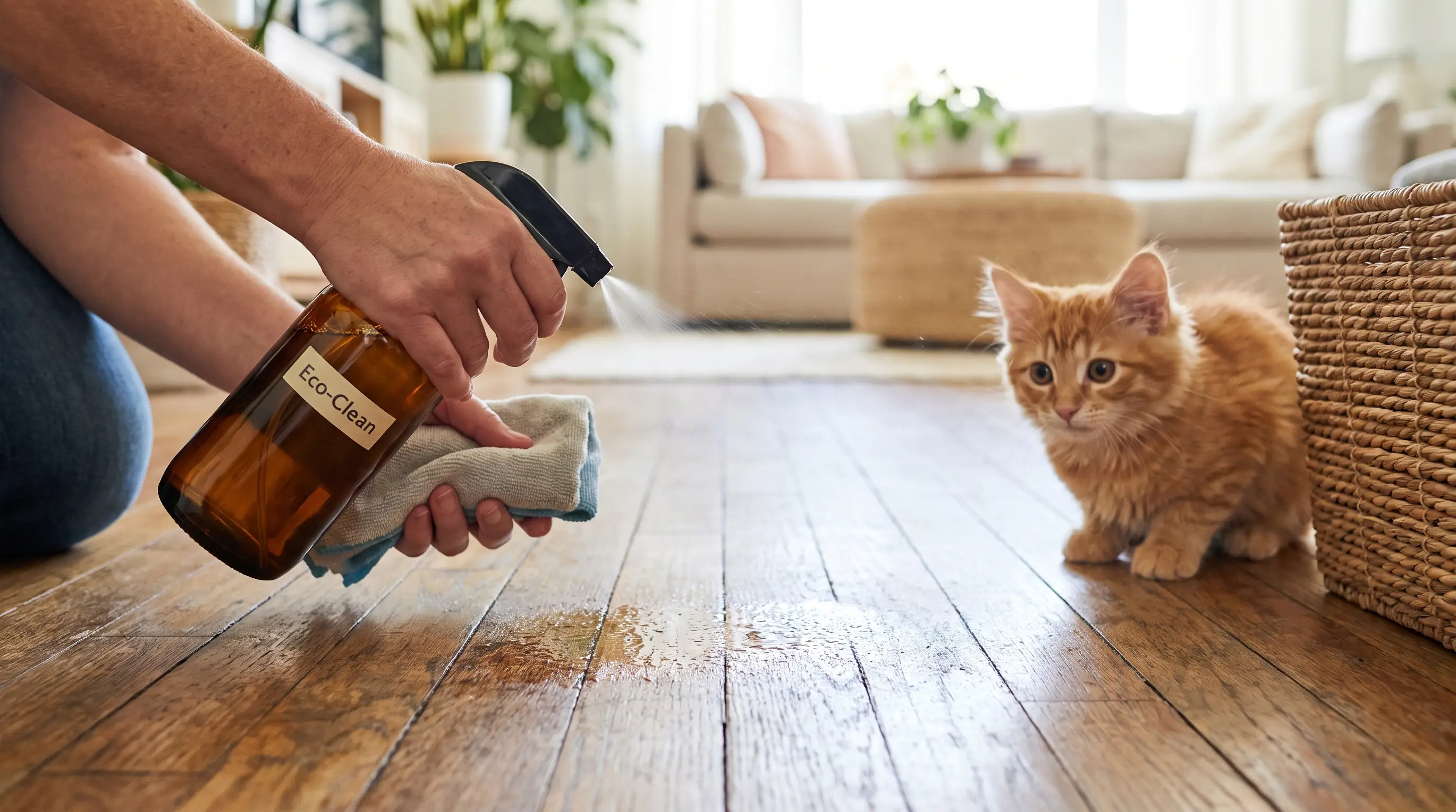 A hand spraying enzyme cleaner onto a floor spot beside a curious kitten