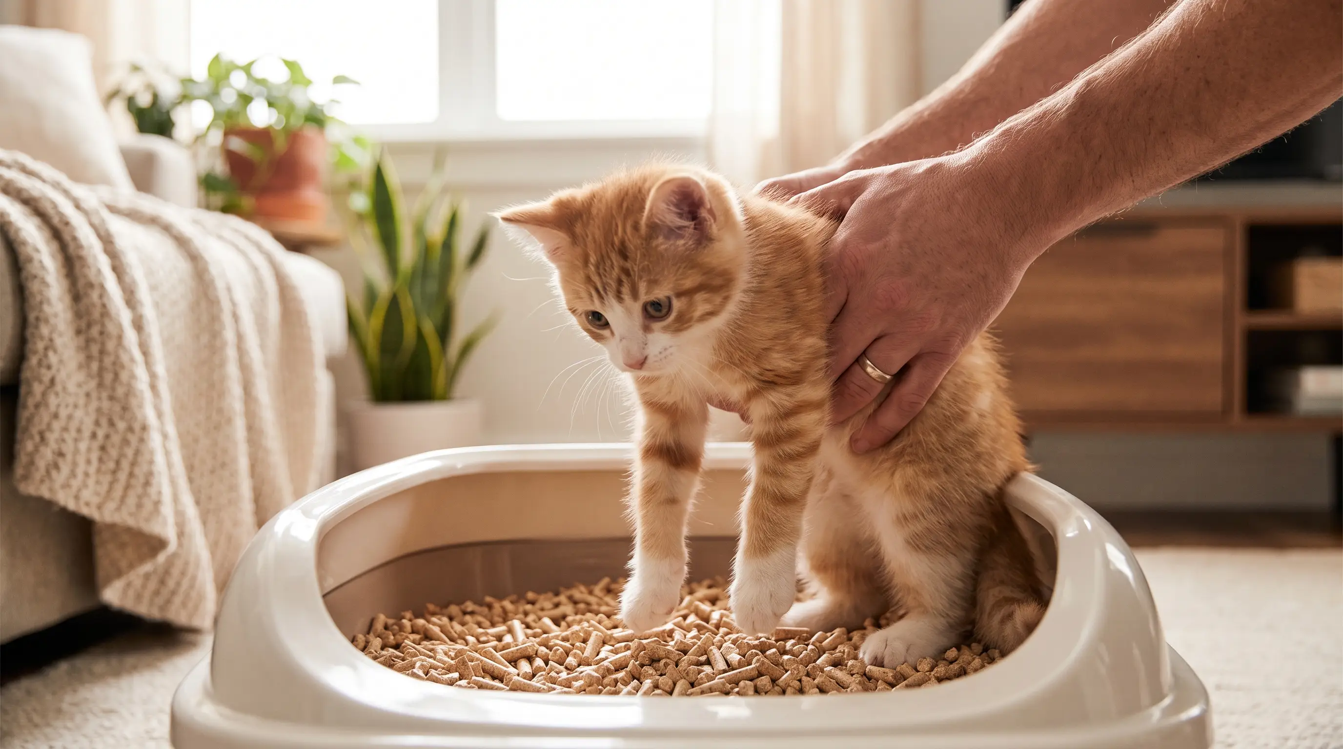 A person gently lowering a kitten into an open litter tray in a calm home setting