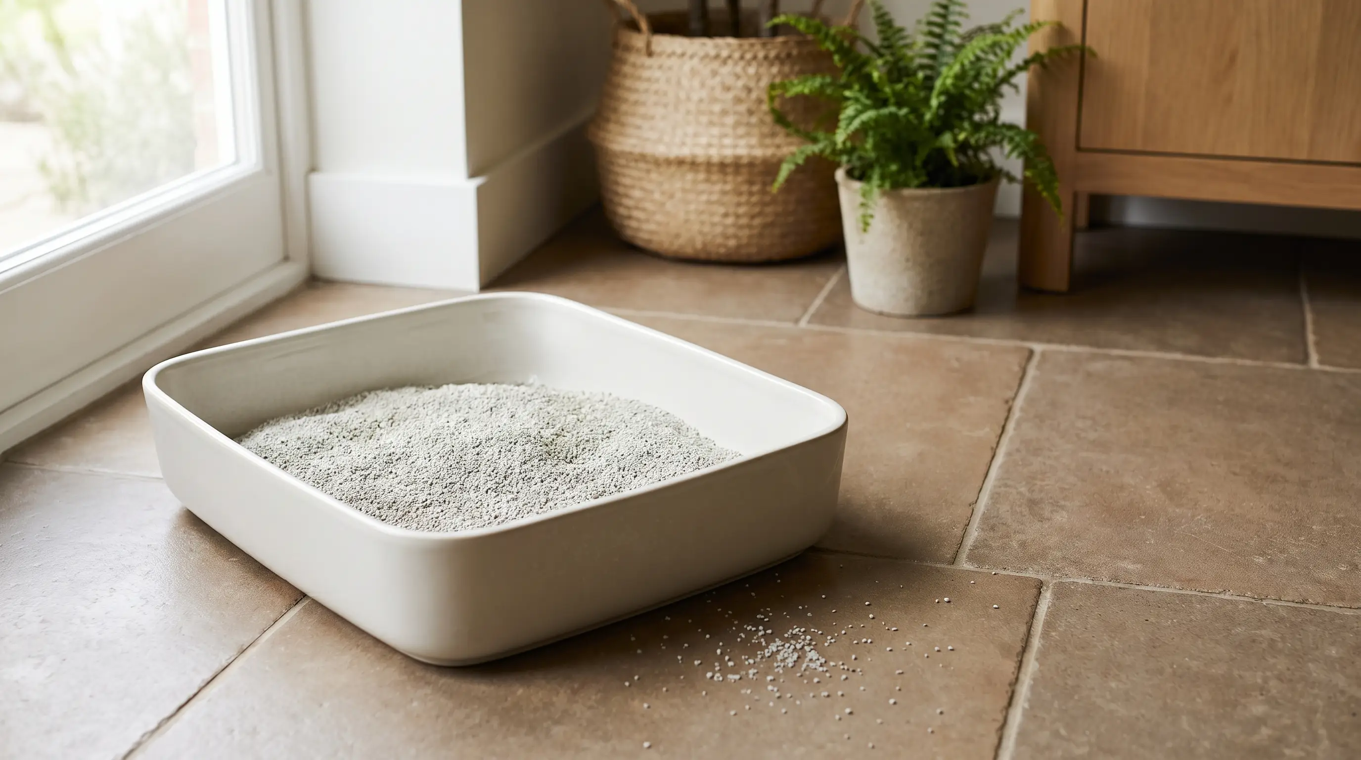 An open shallow litter tray with fine unscented litter placed in a quiet corner away from food bowls