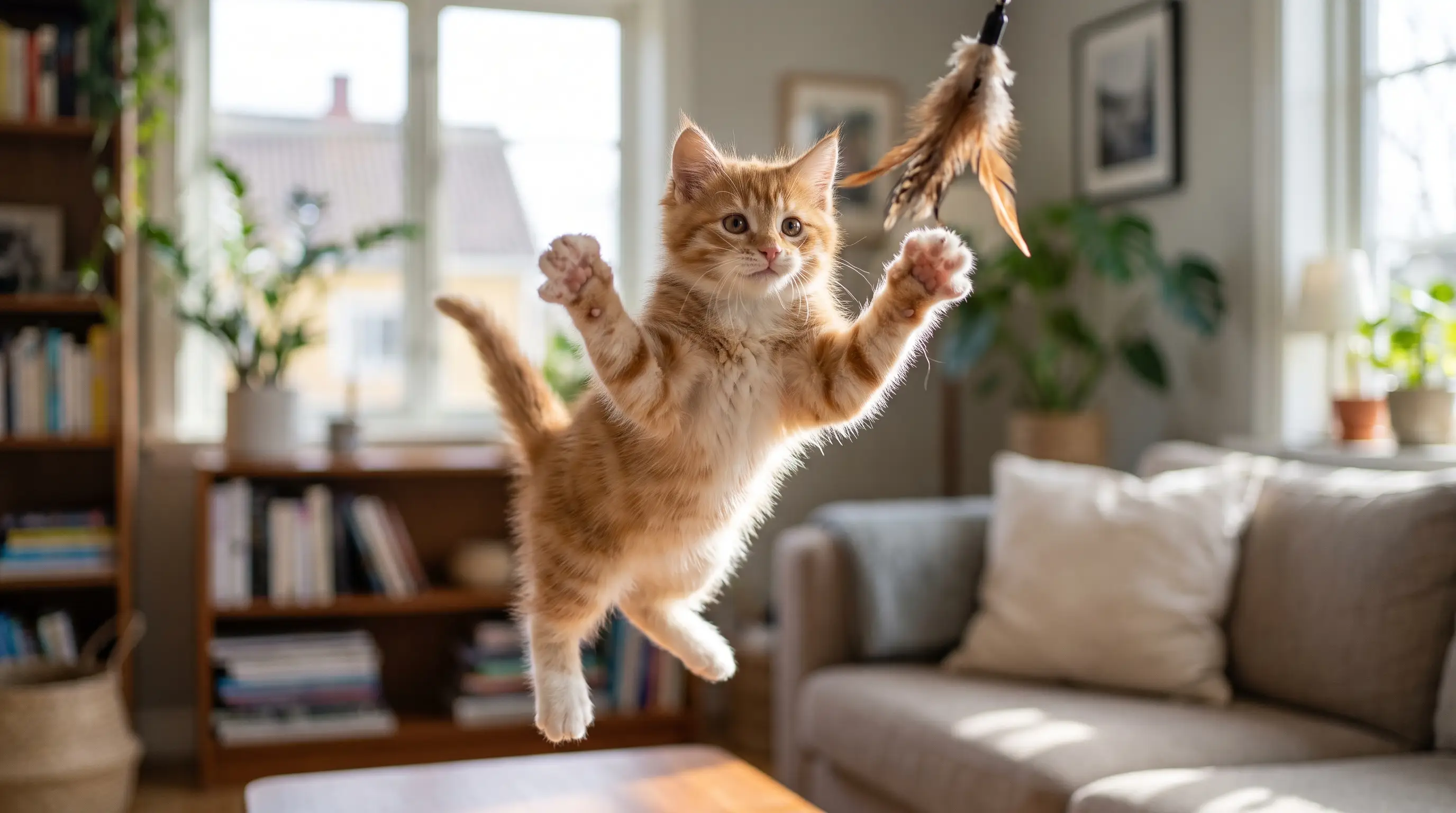 Un gattino giocoso a mezzo balzo, vivace e pieno di luce, in un salotto