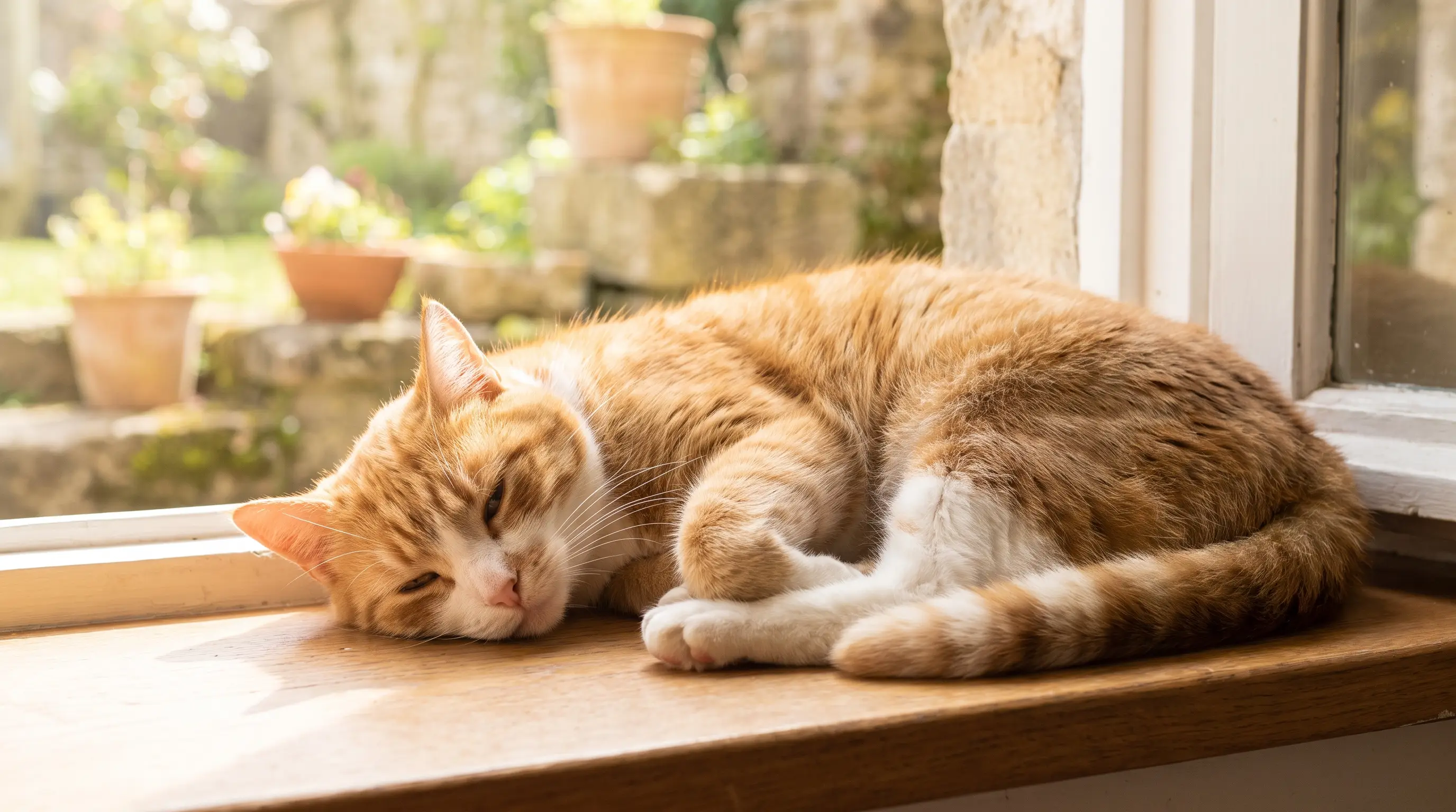 Un gatto adulto sereno che si rilassa su un davanzale soleggiato