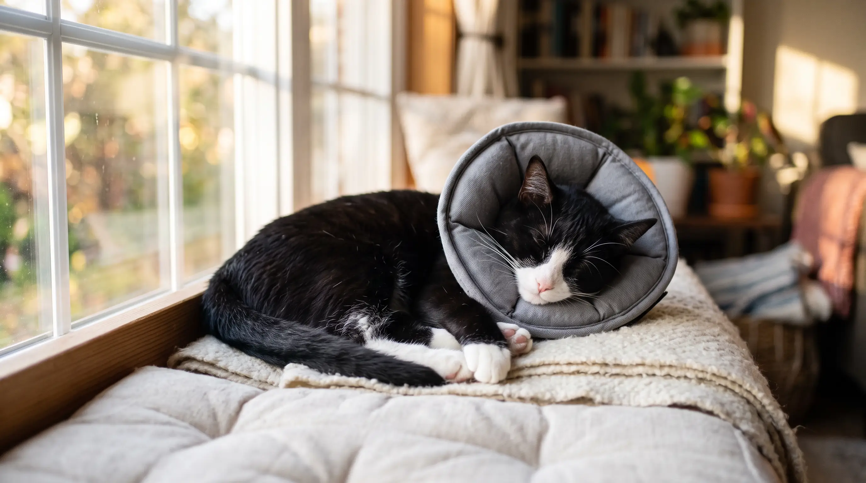 Young black and white cat wearing a soft fabric recovery collar, resting calmly on a cushioned windowsill