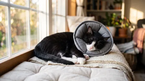 Young black and white cat wearing a soft fabric recovery collar, resting calmly on a cushioned windowsill