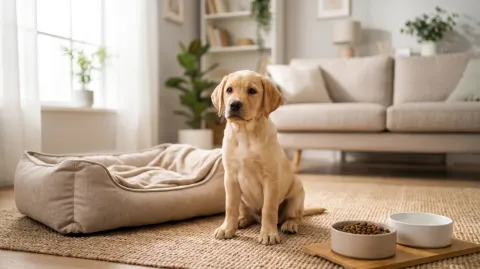 A young puppy sitting calmly in a tidy, prepared living room beside its bed and bowls in warm natural light