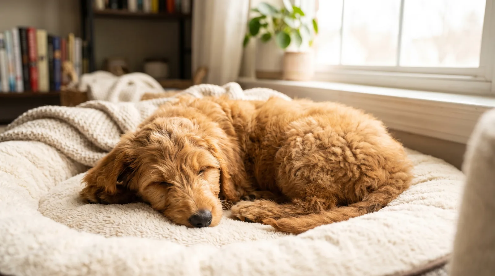 Un cachorro tranquilo descansando en una cama blanda, en un salón silencioso con luz natural cálida