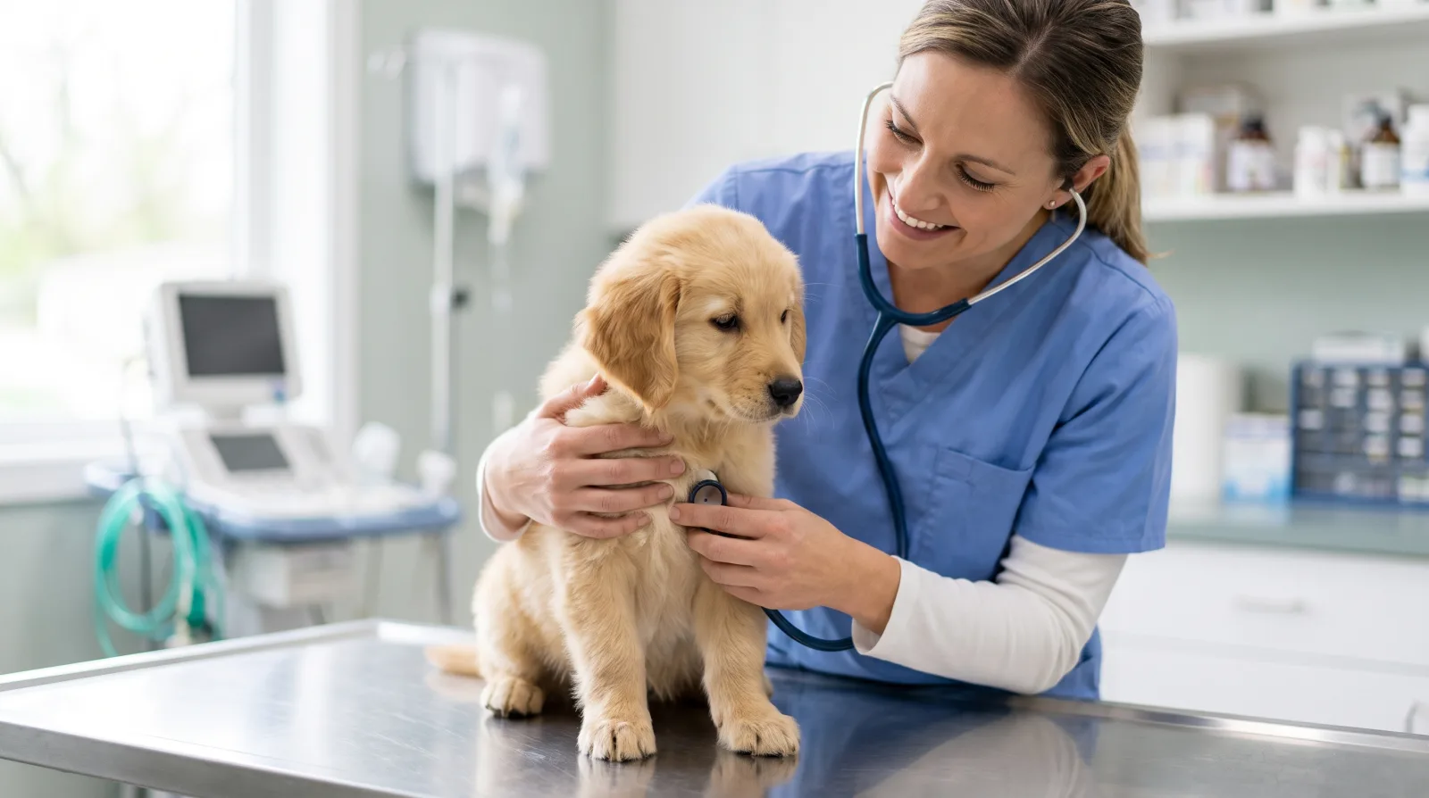 Un veterinario examinando con cuidado a un cachorro sobre la mesa de la consulta