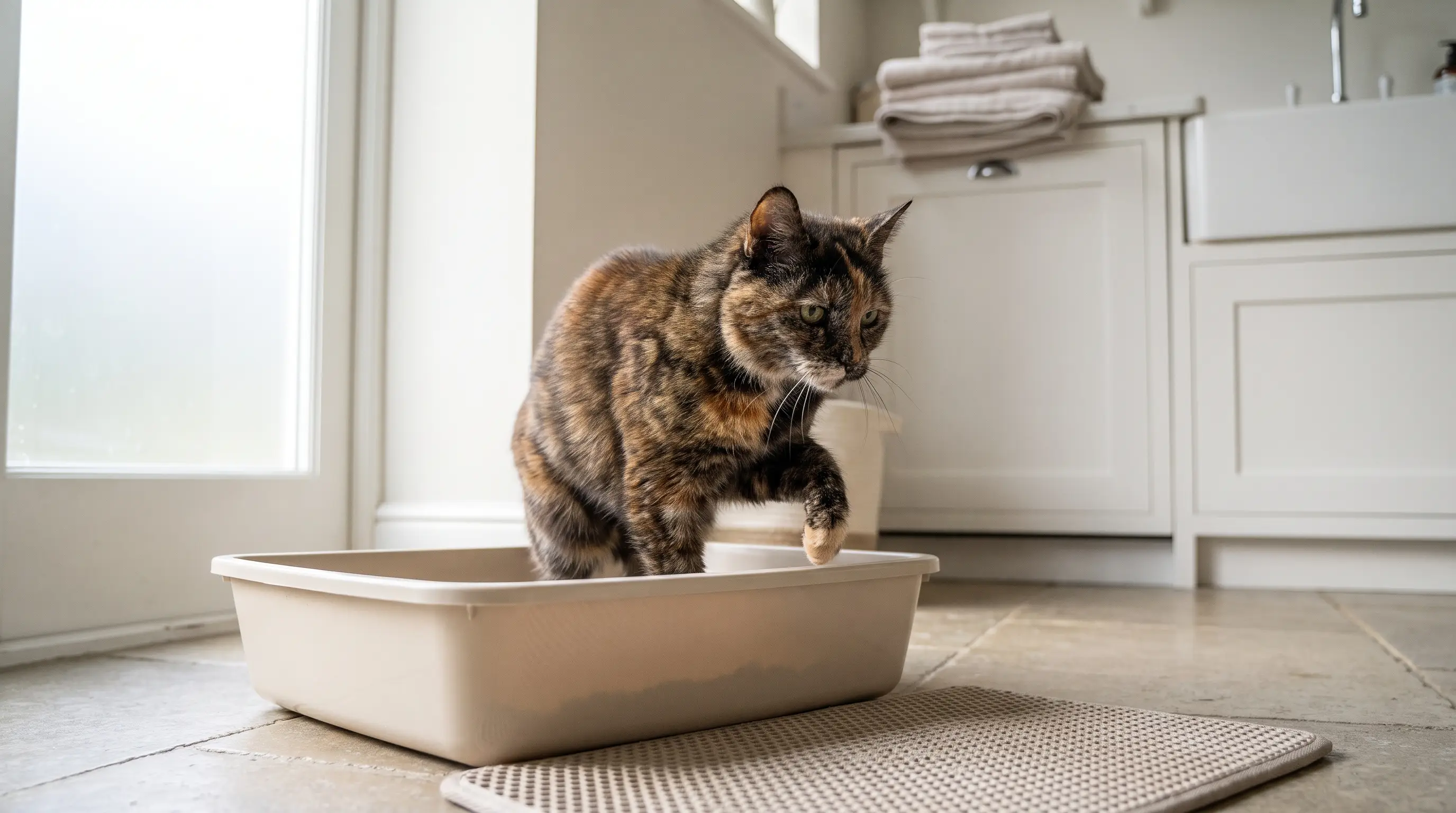 An elderly tortoiseshell cat stepping carefully into a low-entry litter tray in a bright utility room