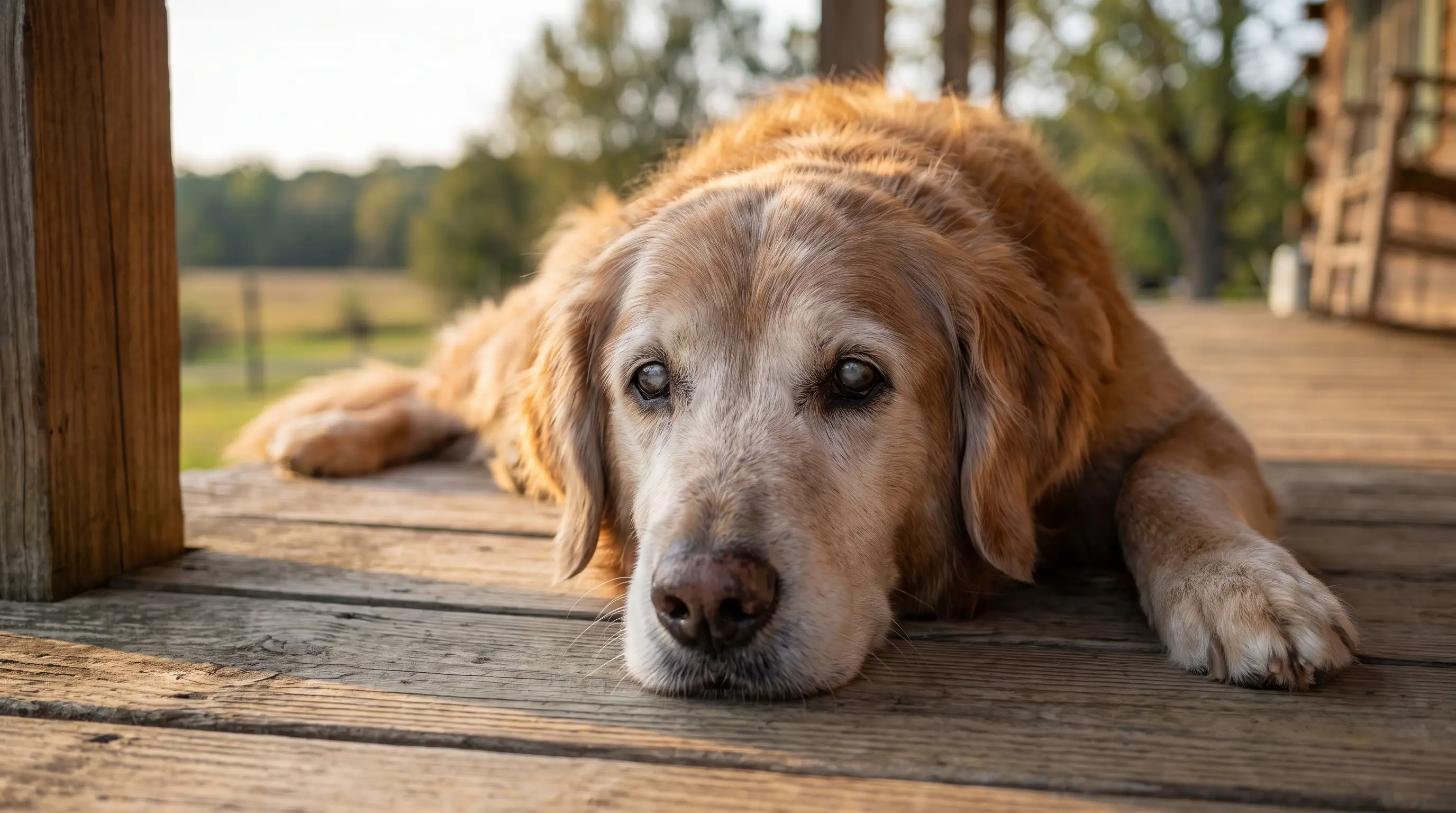 A grey-muzzled senior dog resting outdoors in warm afternoon light, calm and alert