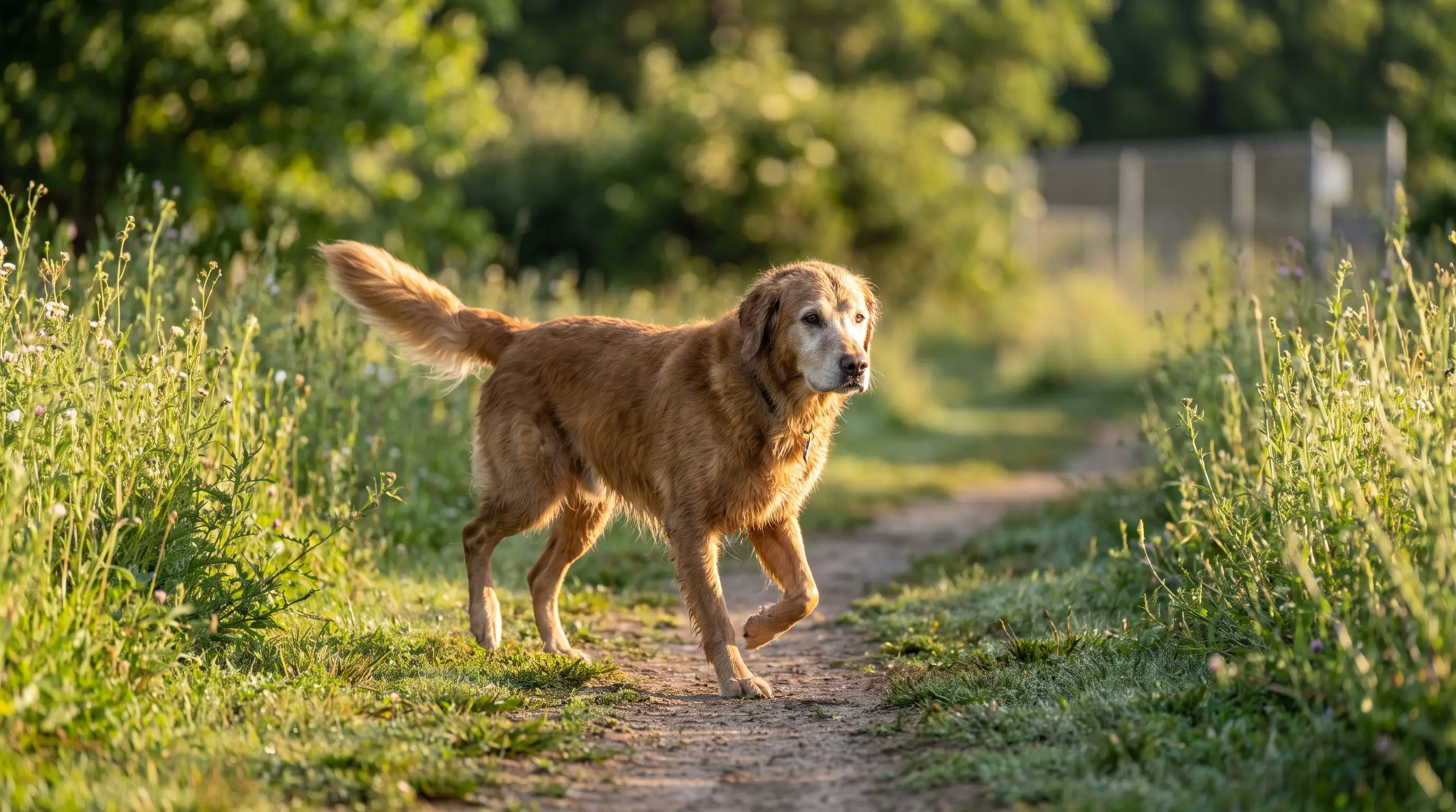 A lean, healthy older dog trotting on a grassy path during a walk