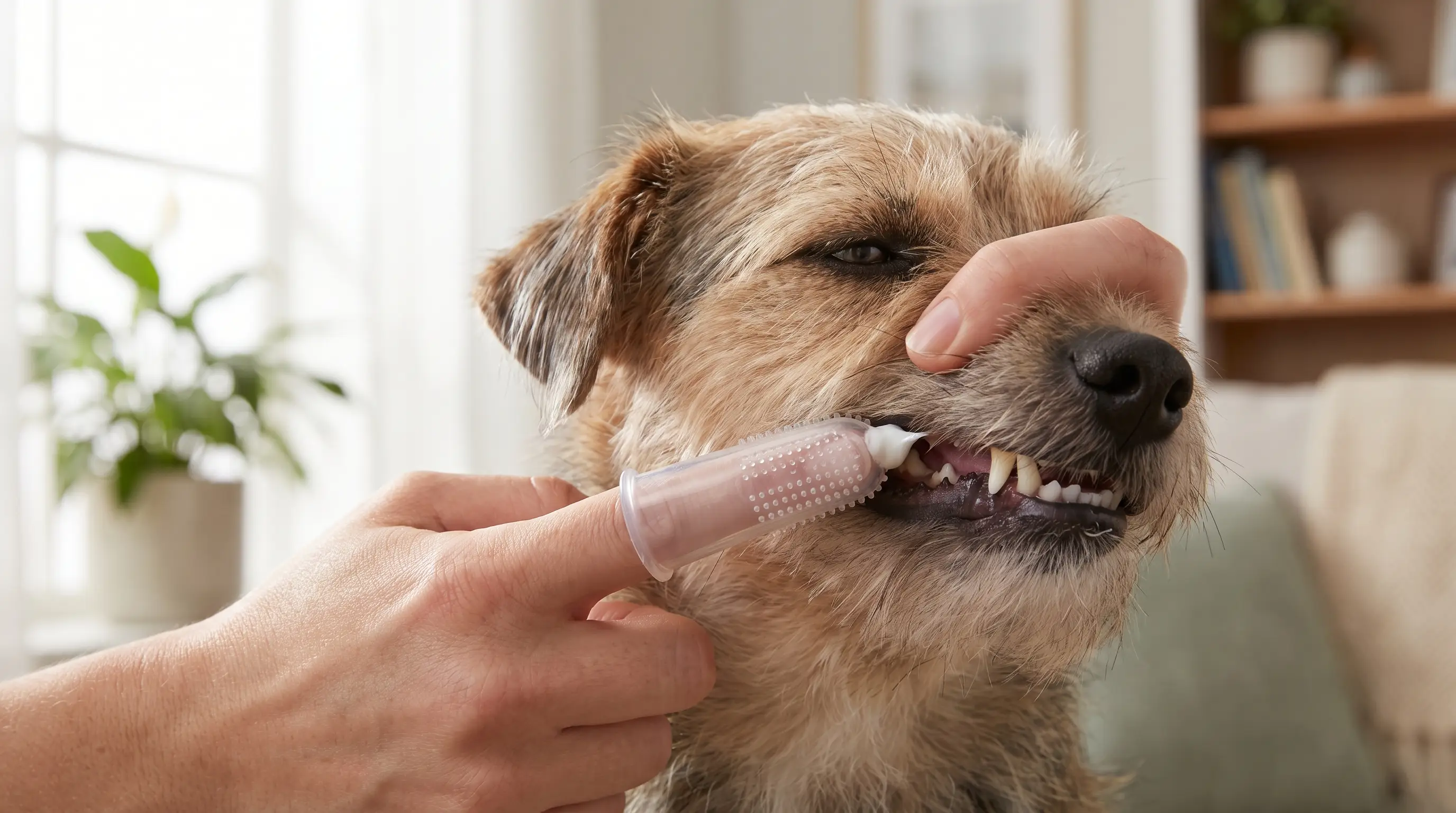 A finger brush with pet toothpaste being used on a small dog's teeth along the gumline