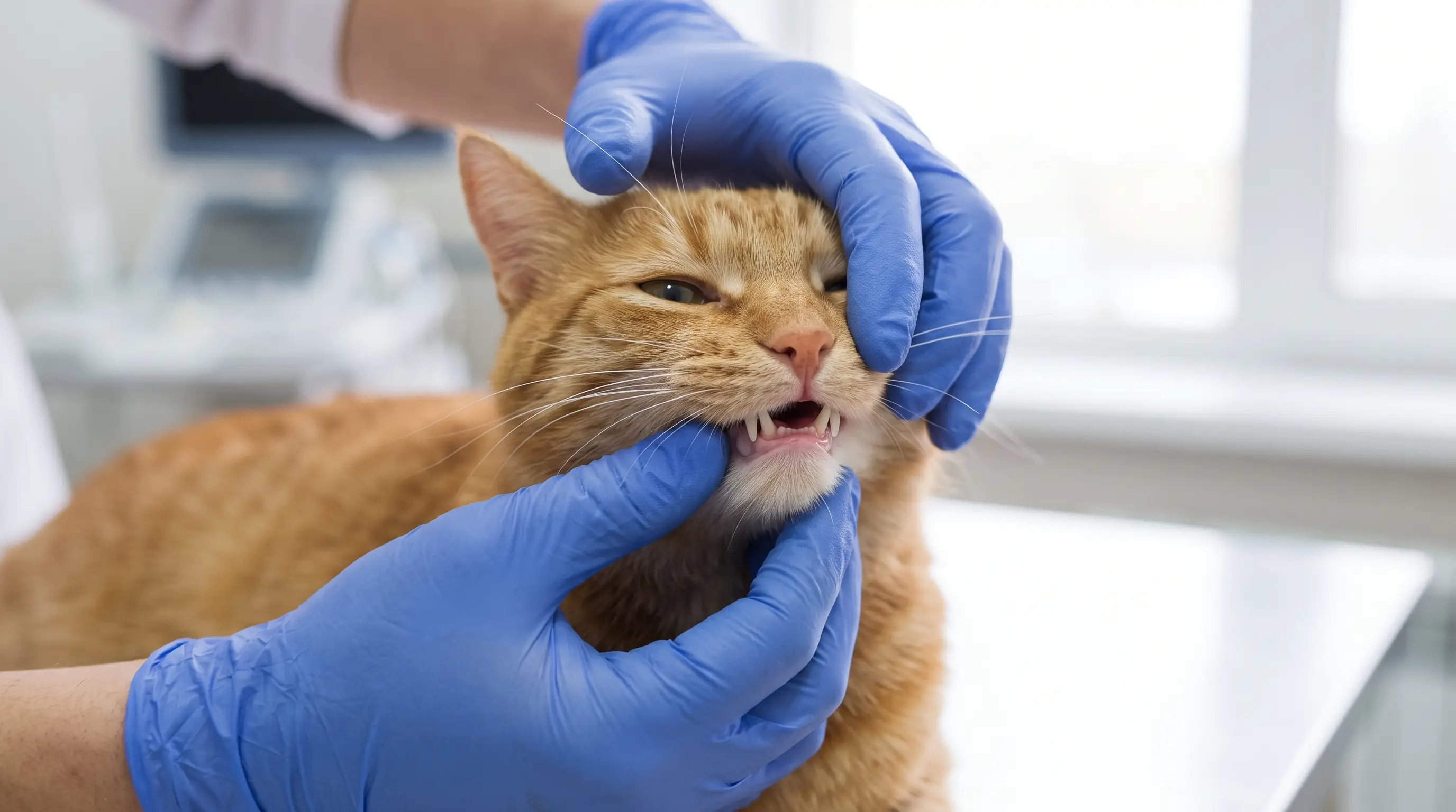 A vet gently examining inside a cat's mouth during a dental check
