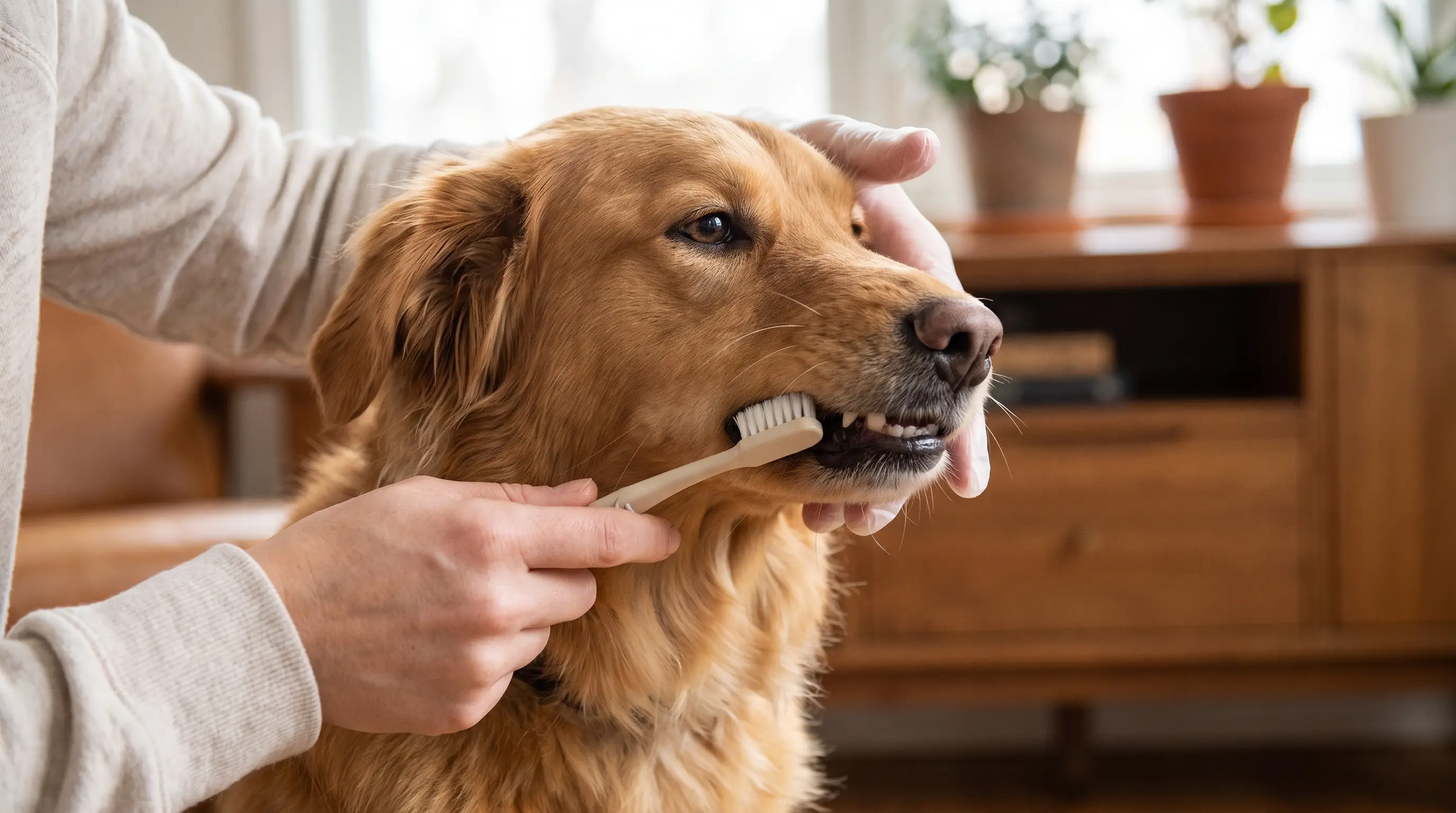 A dog having its teeth brushed with a pet toothbrush, gums and teeth visible close up