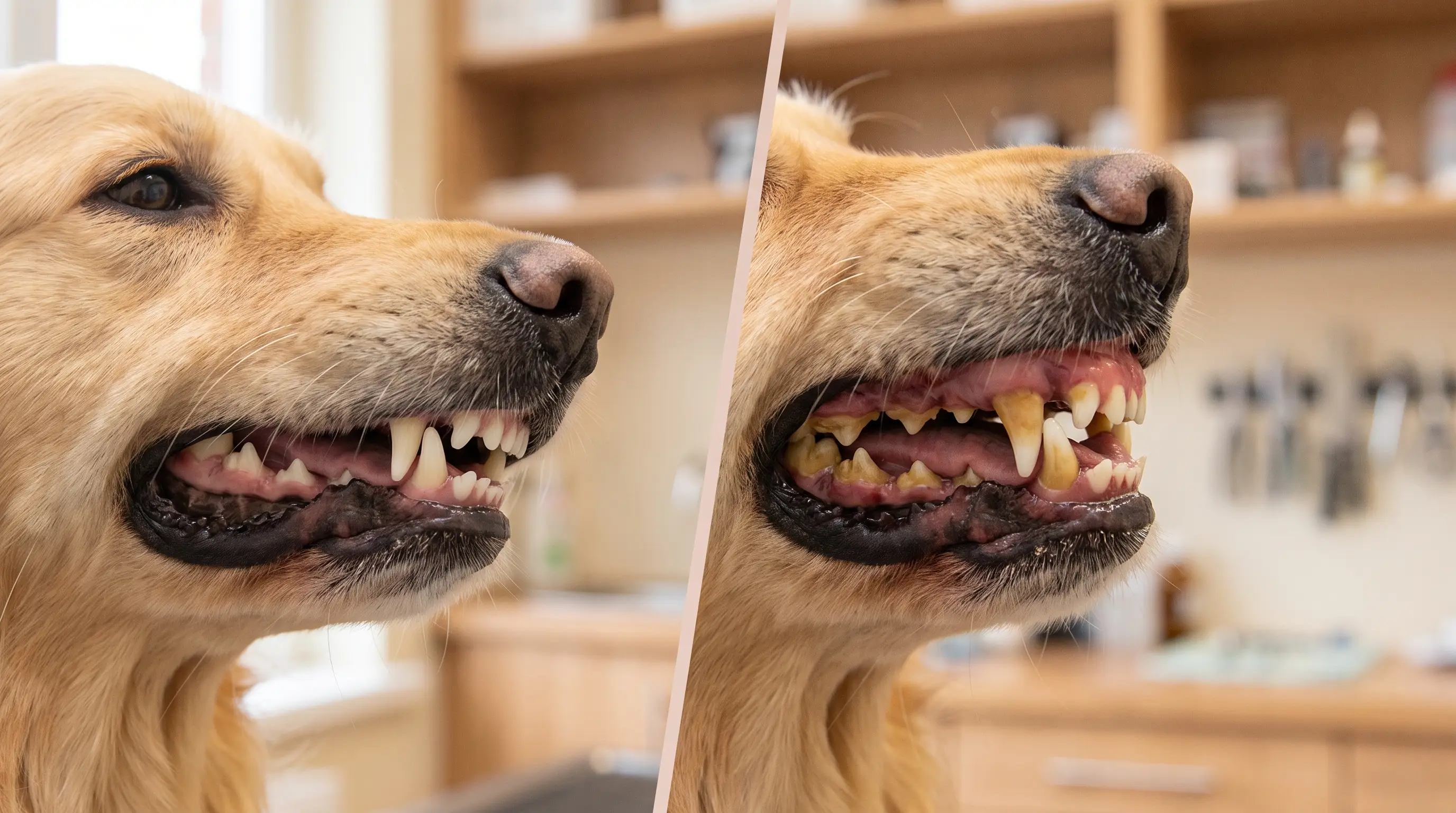 Close-up comparison of a healthy pink gumline and clean teeth next to teeth crusted with yellow-brown tartar