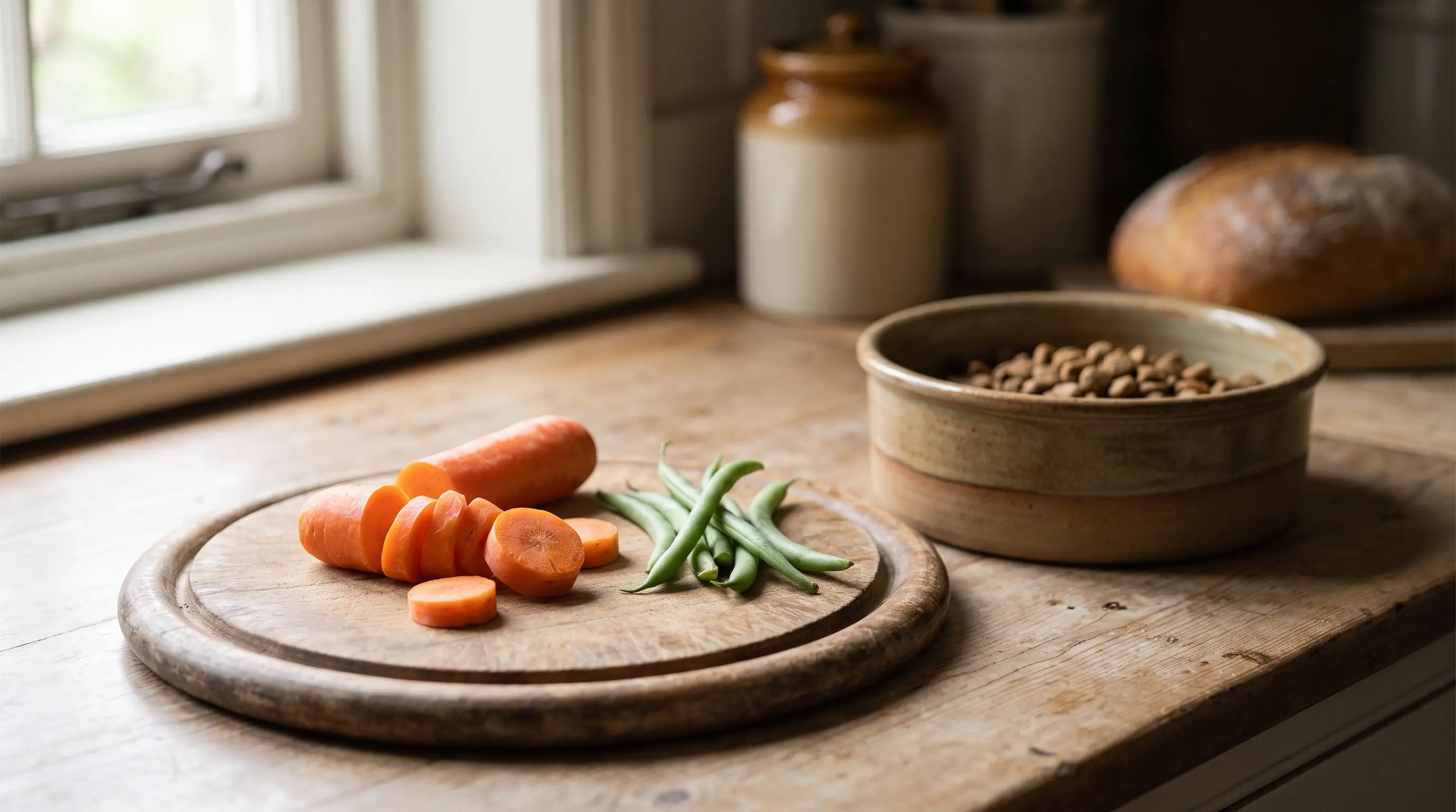 Sliced raw carrot and plain green beans on a wooden board next to a dog's bowl