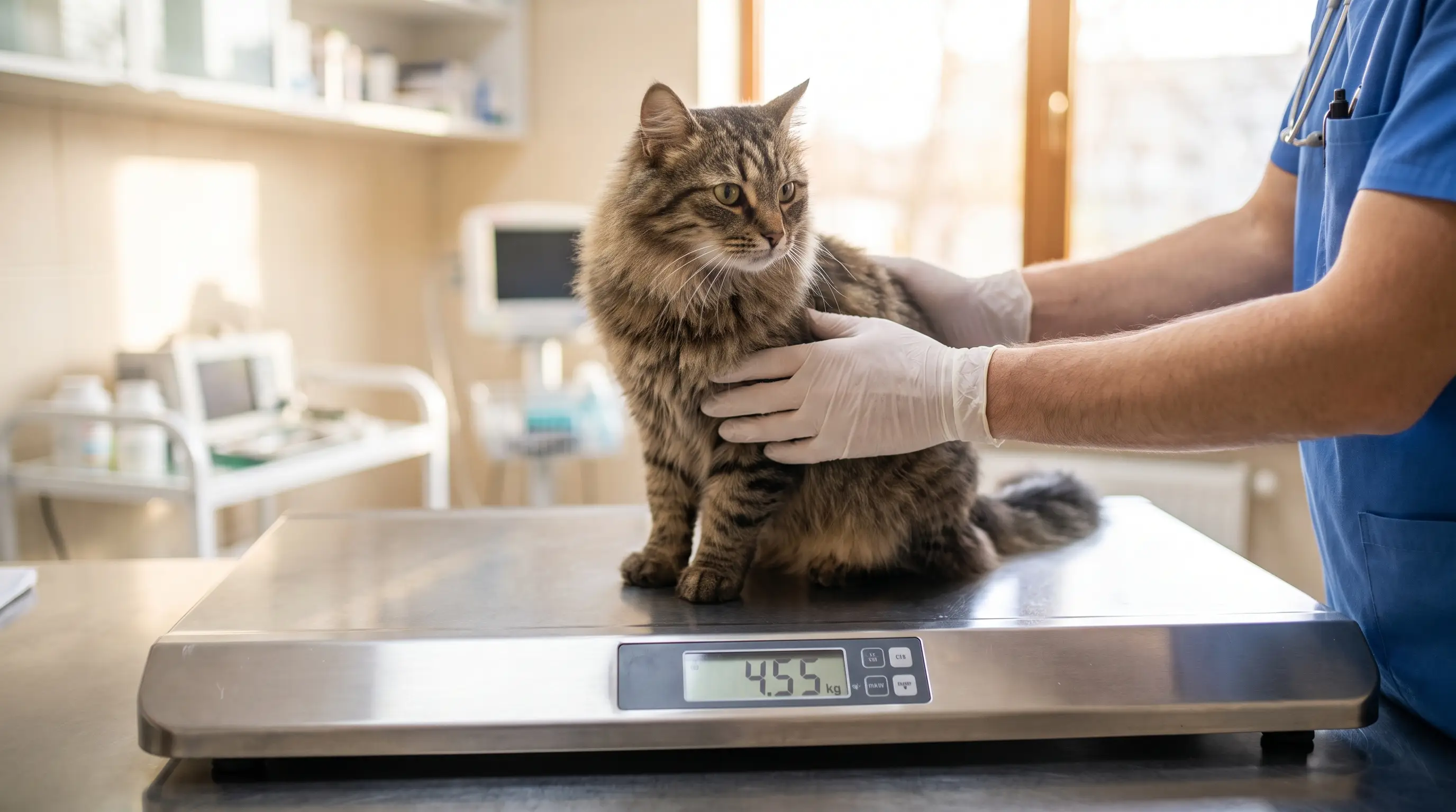 A cat or dog being weighed on a veterinary scale during a check-up