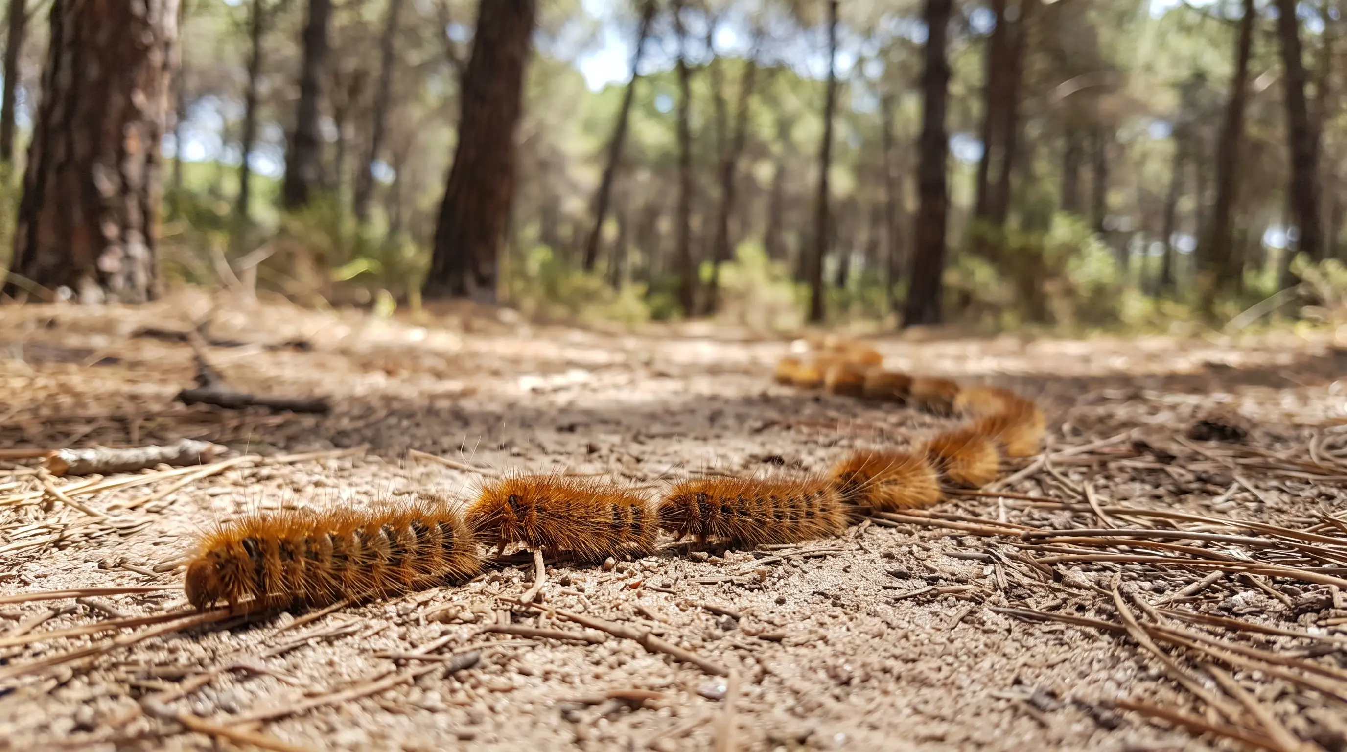 A line of hairy processionary caterpillars crawling head to tail across a pine-needle forest floor