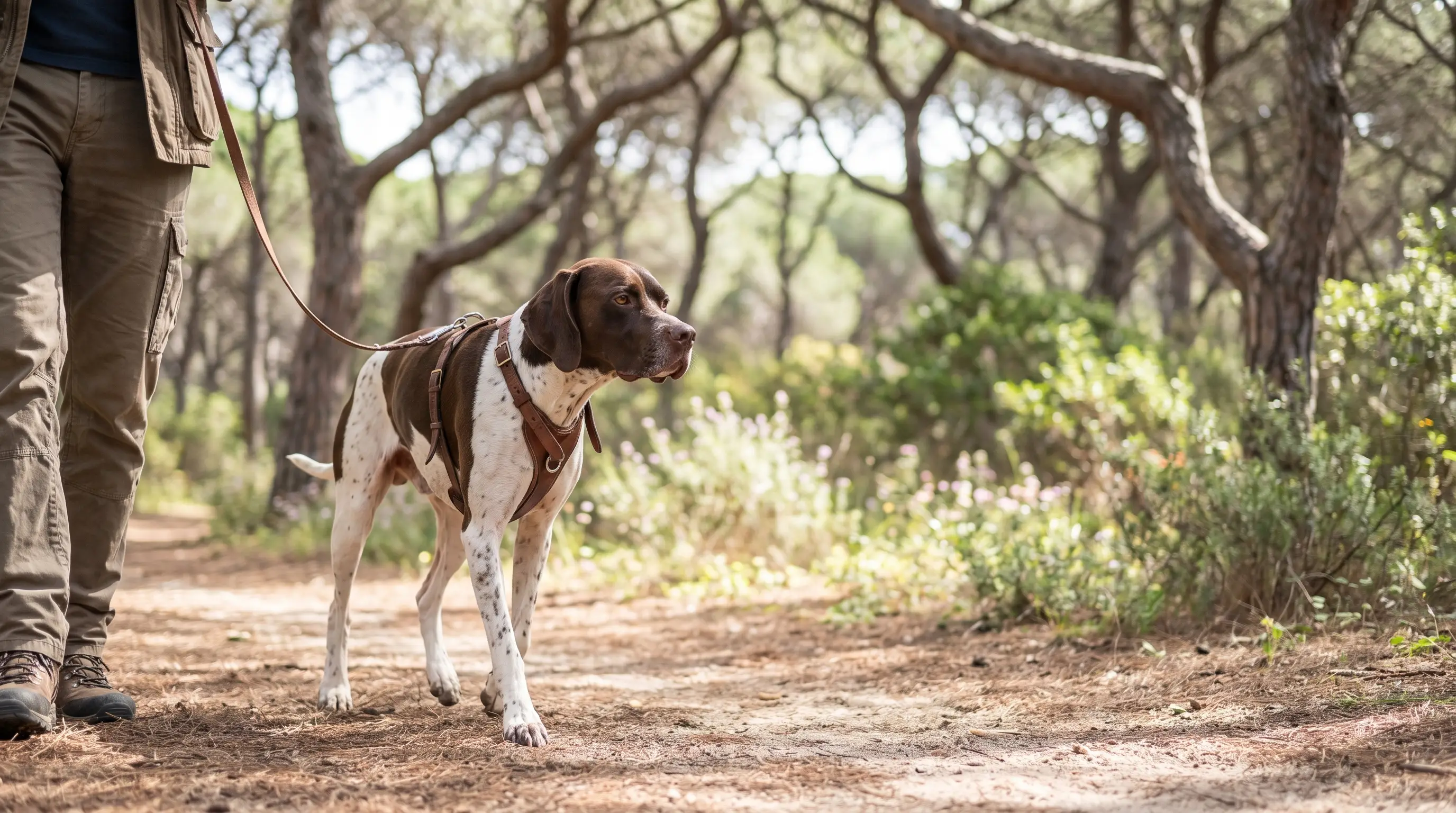 Dog walking on a short lead along a sandy path through a Mediterranean pine forest