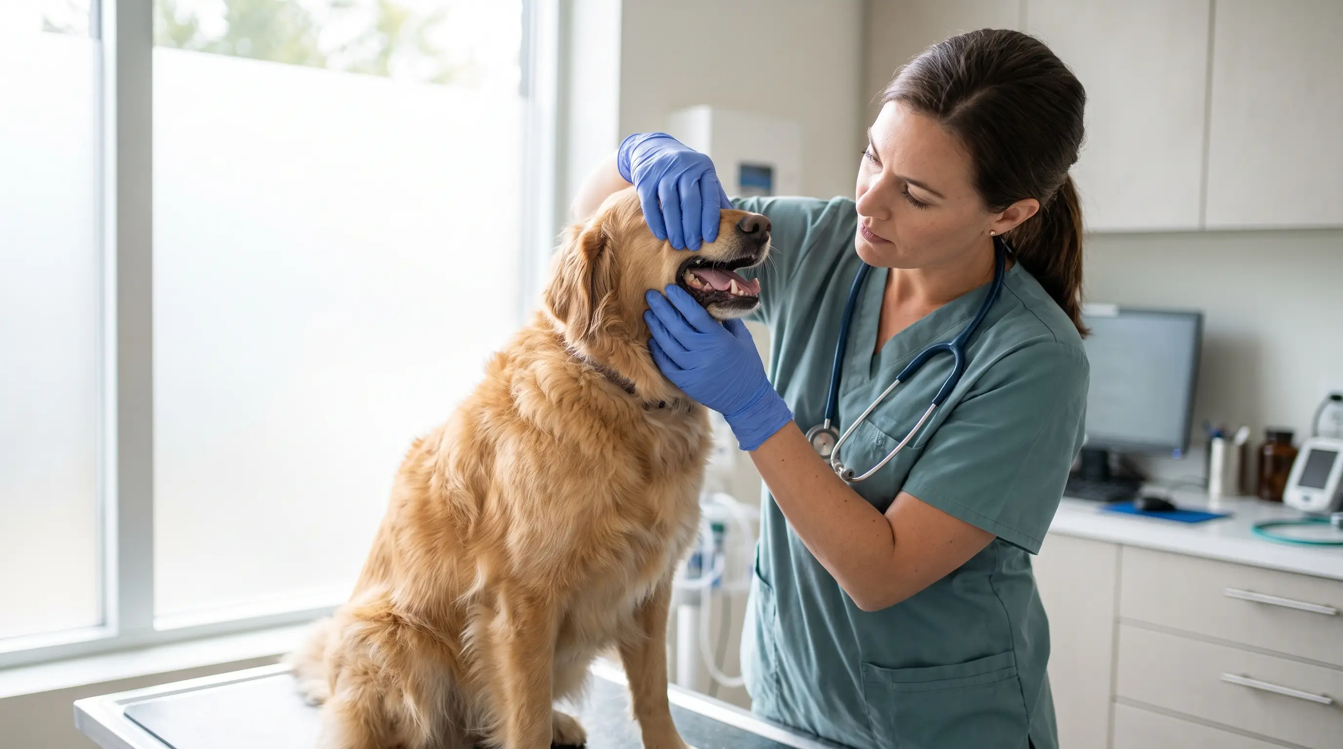 Vet in gloves gently opening a dog's mouth to examine the tongue in a bright clinic