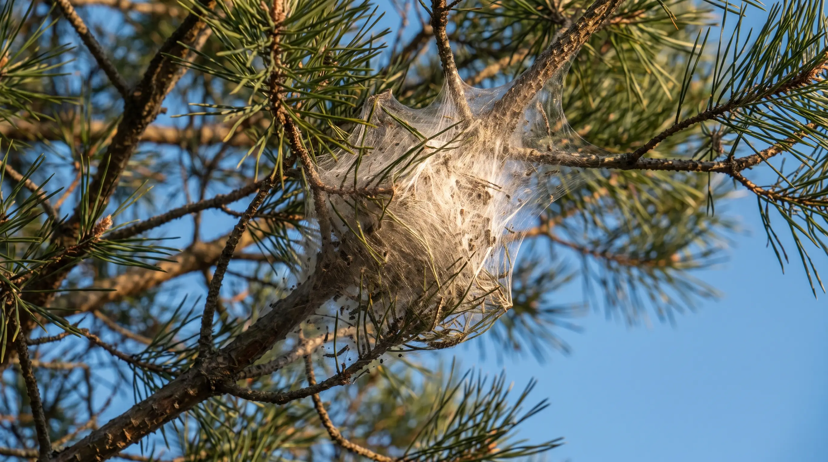 White silken tent nest of processionary caterpillars in the branches of a pine tree against a blue sky