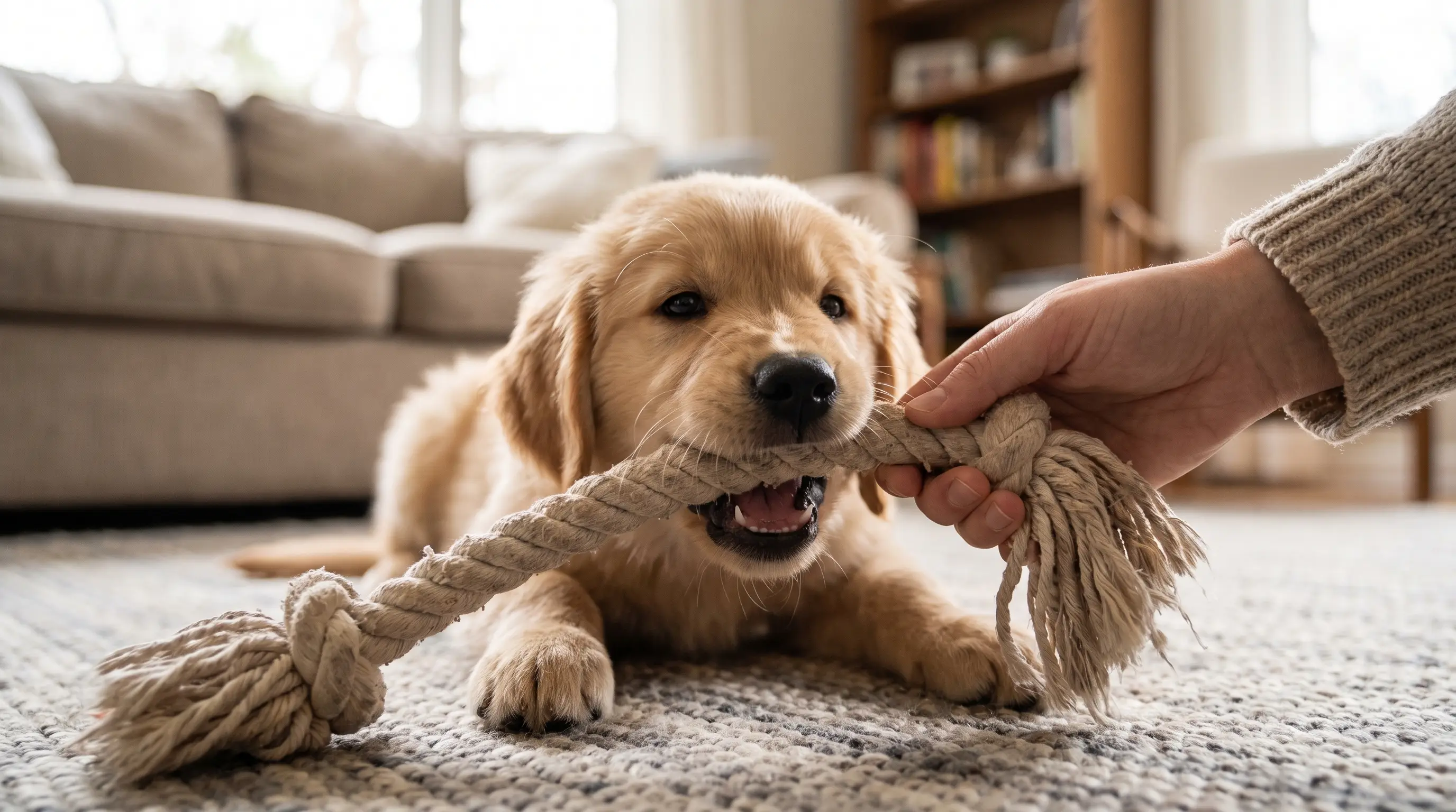 A hand redirecting a mouthy puppy onto a rope chew toy