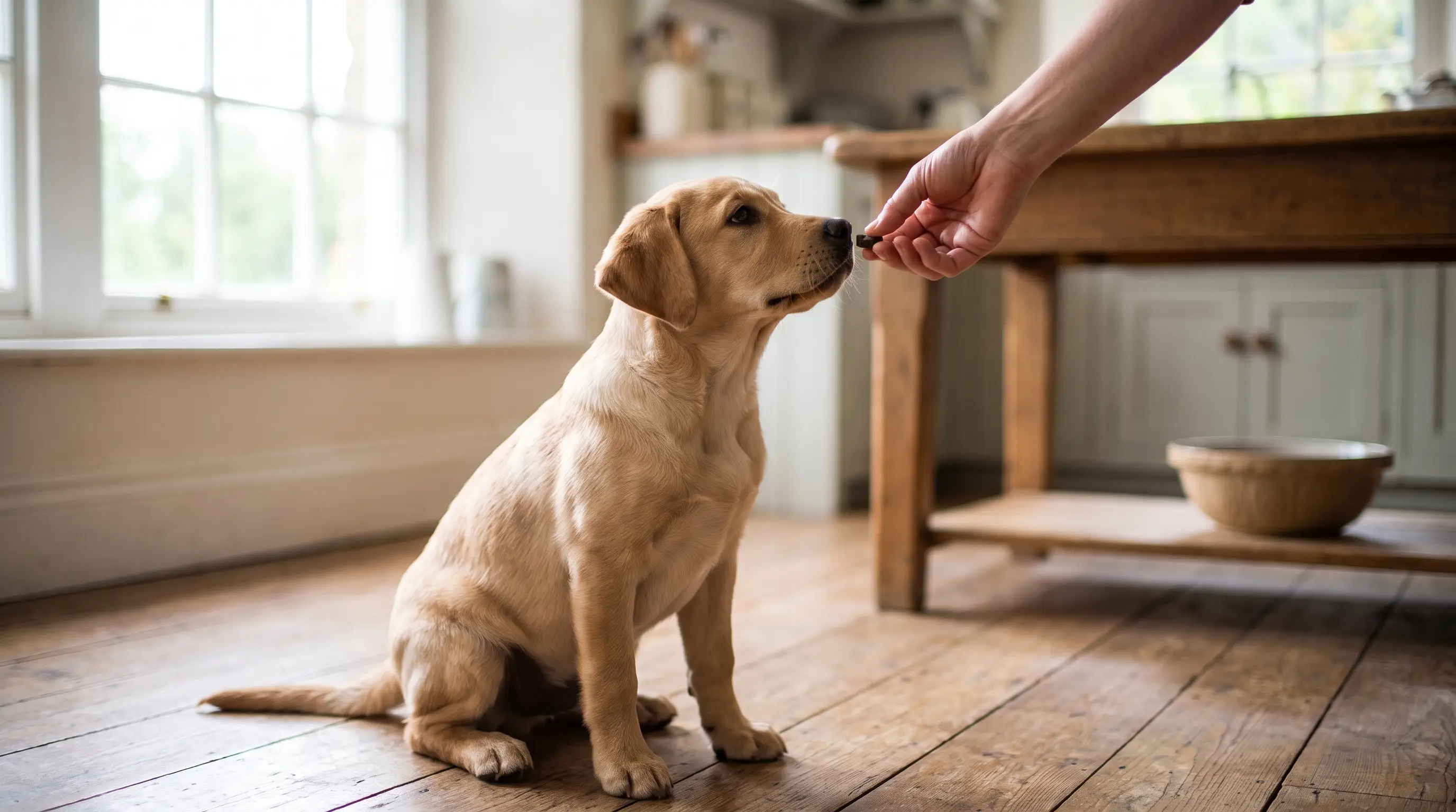 A young Labrador puppy mouthing gently at a person’s hand during play on a kitchen floor