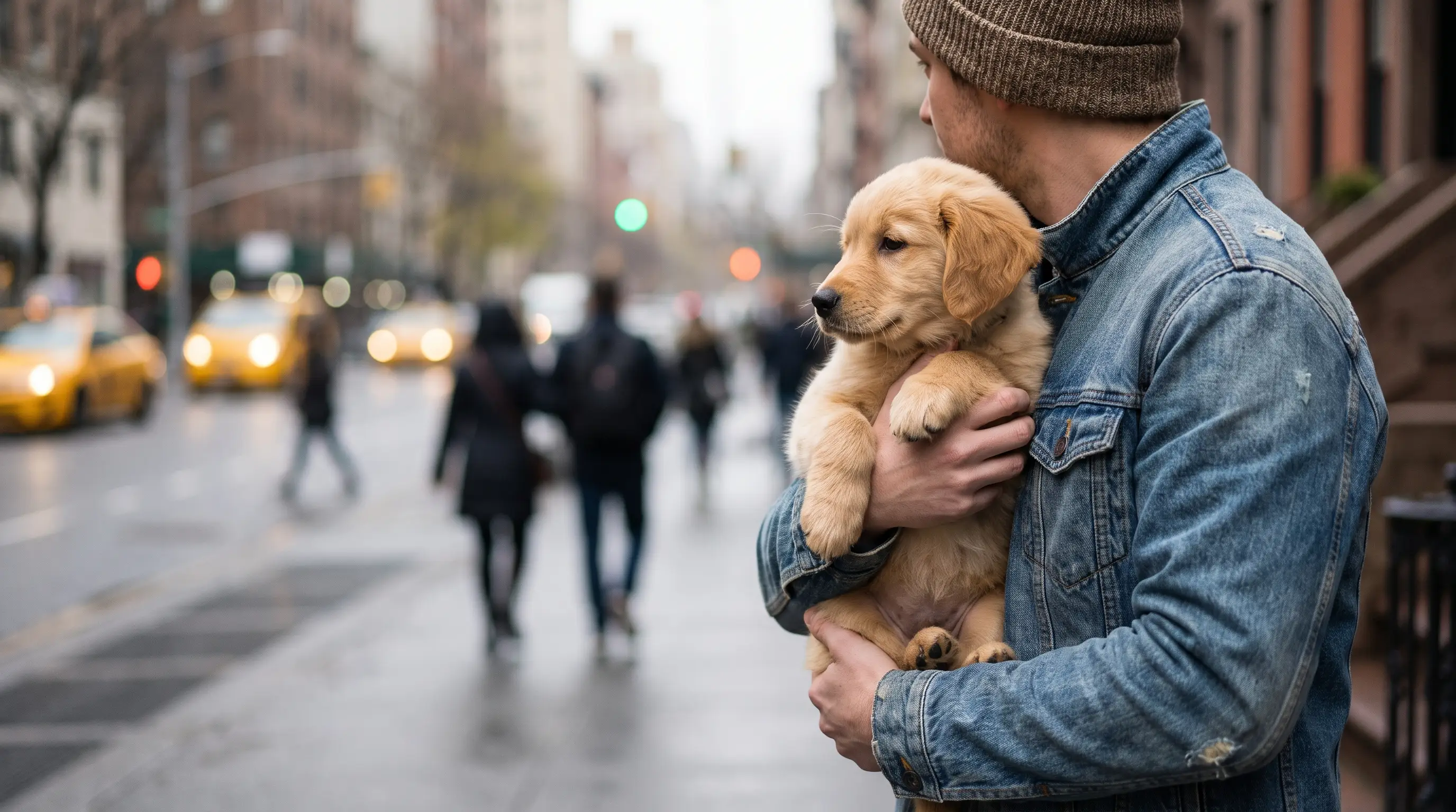 A person carrying a small puppy in their arms on a city sidewalk, letting it watch passing people and traffic from a safe height