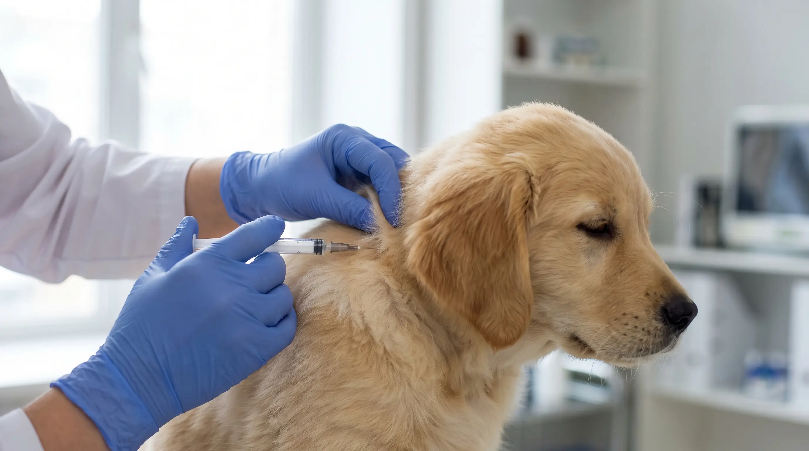 Close-up of a veterinarian's gloved hands giving a small subcutaneous vaccine injection into the scruff of a calm puppy