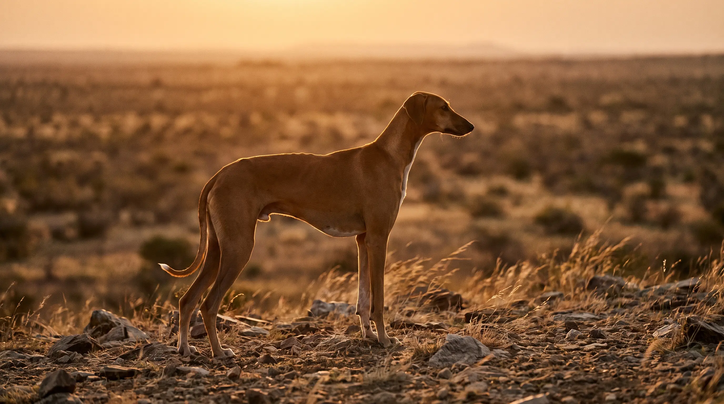 An Azawakh, a rare and slender African sighthound, standing alert in dry scrubland