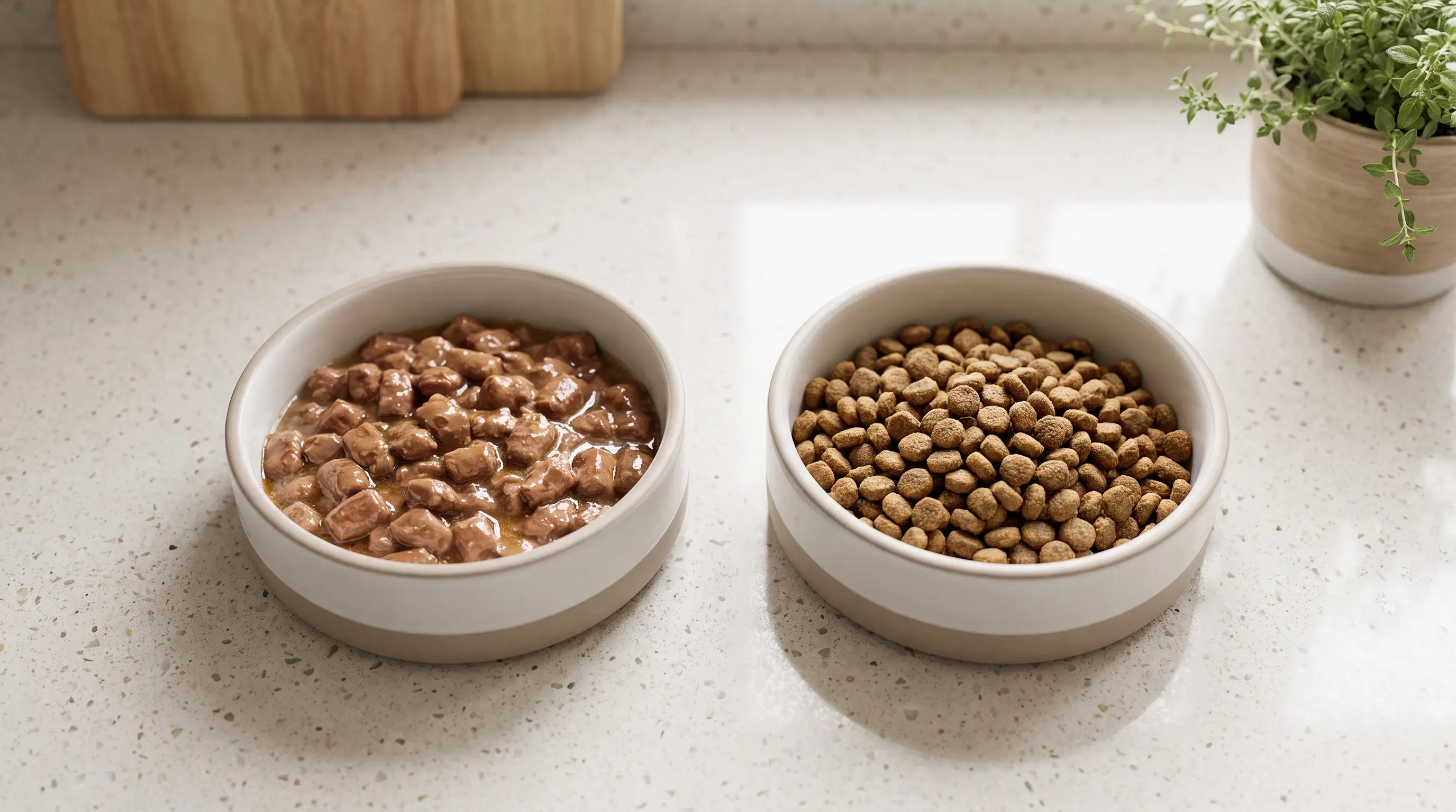 A bowl of wet food beside a bowl of dry kibble on a kitchen counter, showing the two textures side by side