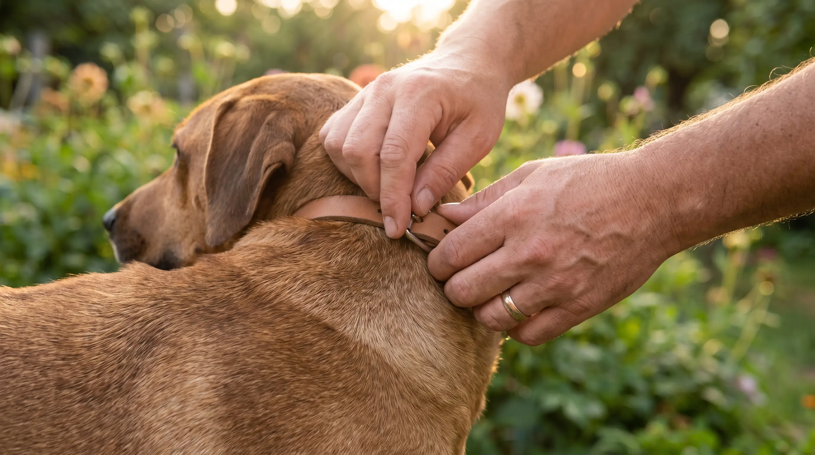 Primer plano de las manos de un dueño abrochando un collar protector alrededor del cuello de un perro