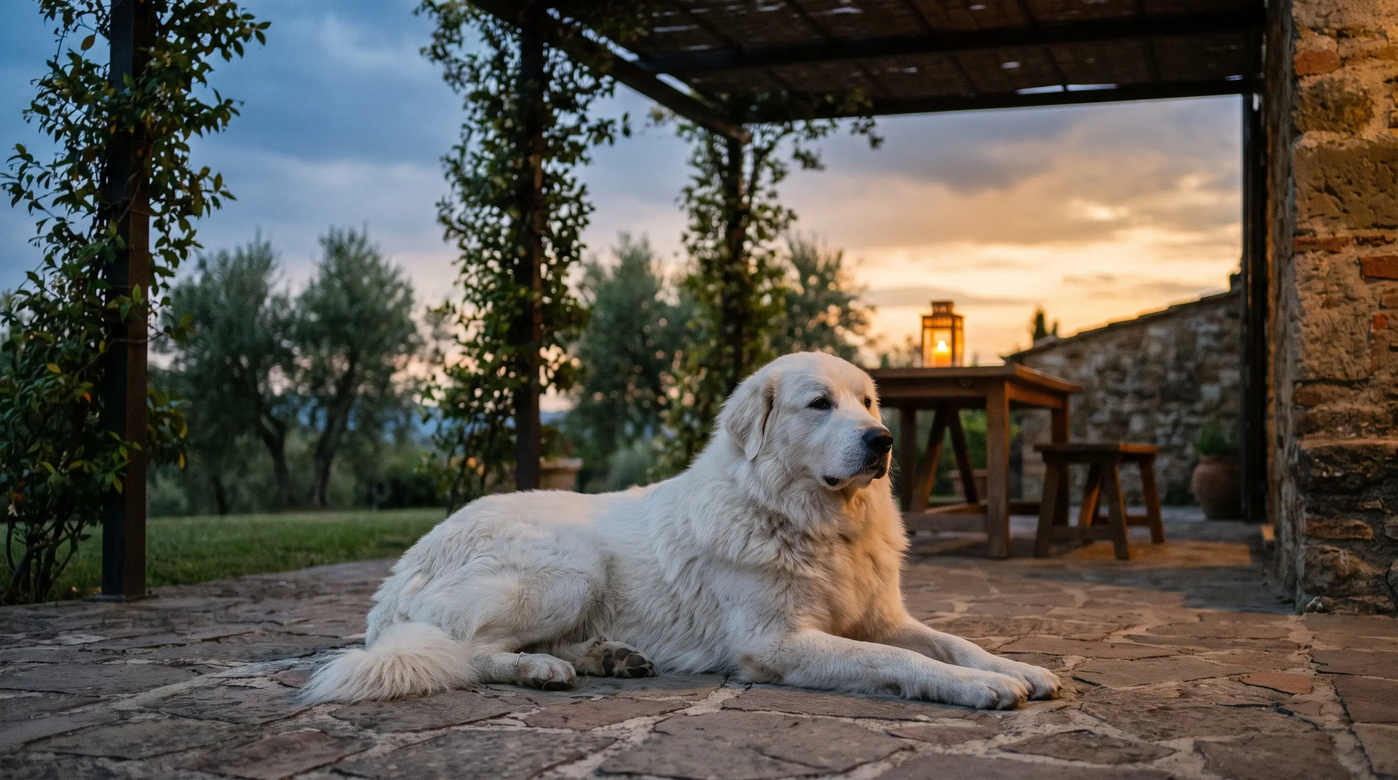 Dog lying on a terrace in a Mediterranean garden at dusk, the hour when sandflies begin to feed