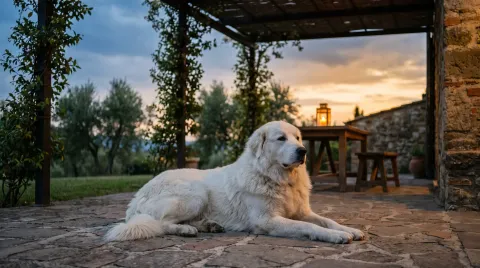 Dog lying on a terrace in a Mediterranean garden at dusk, the hour when sandflies begin to feed