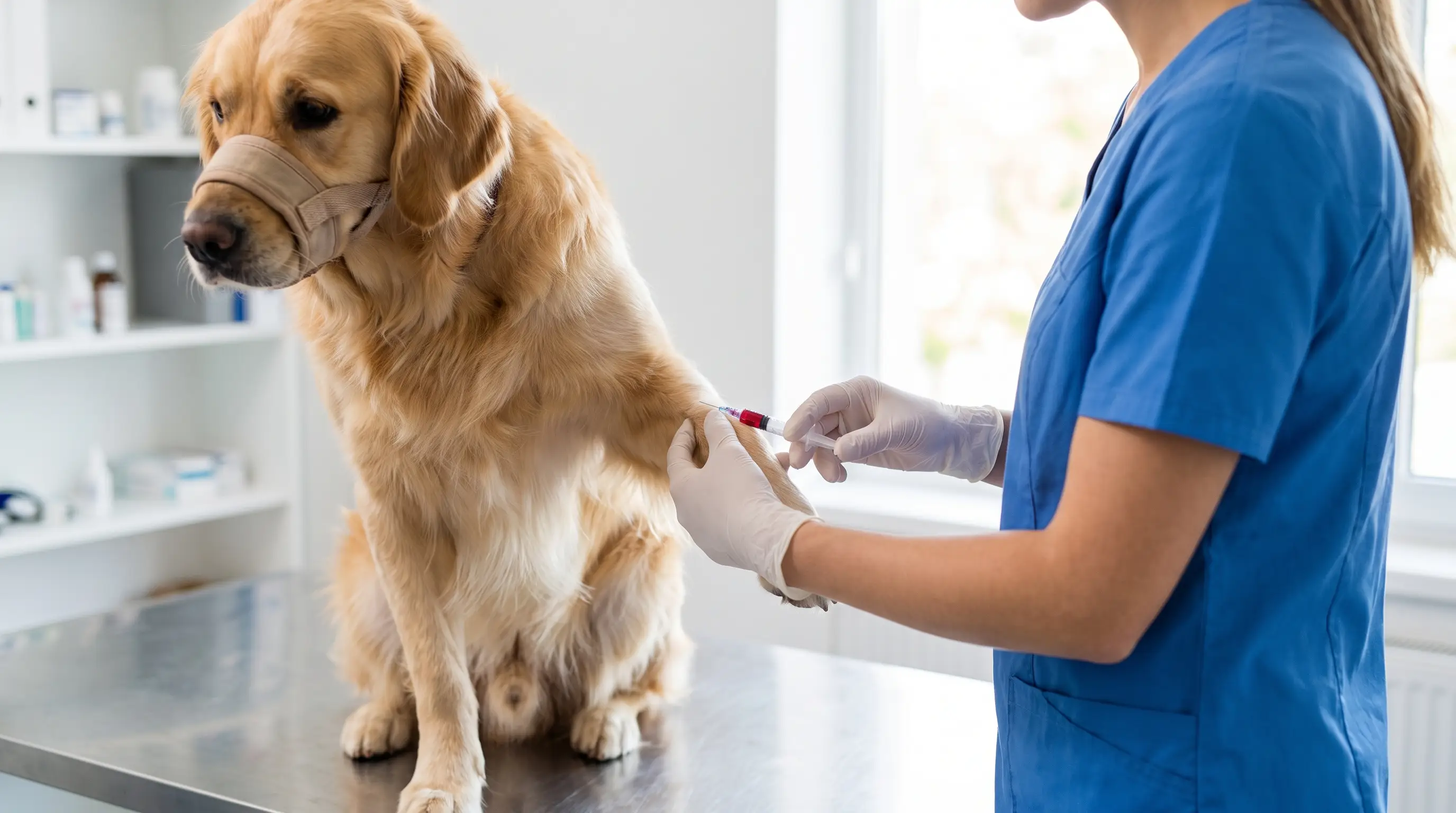 Veterinario extrayendo una pequeña muestra de sangre de la pata delantera de un perro tranquilo para un análisis de rutina