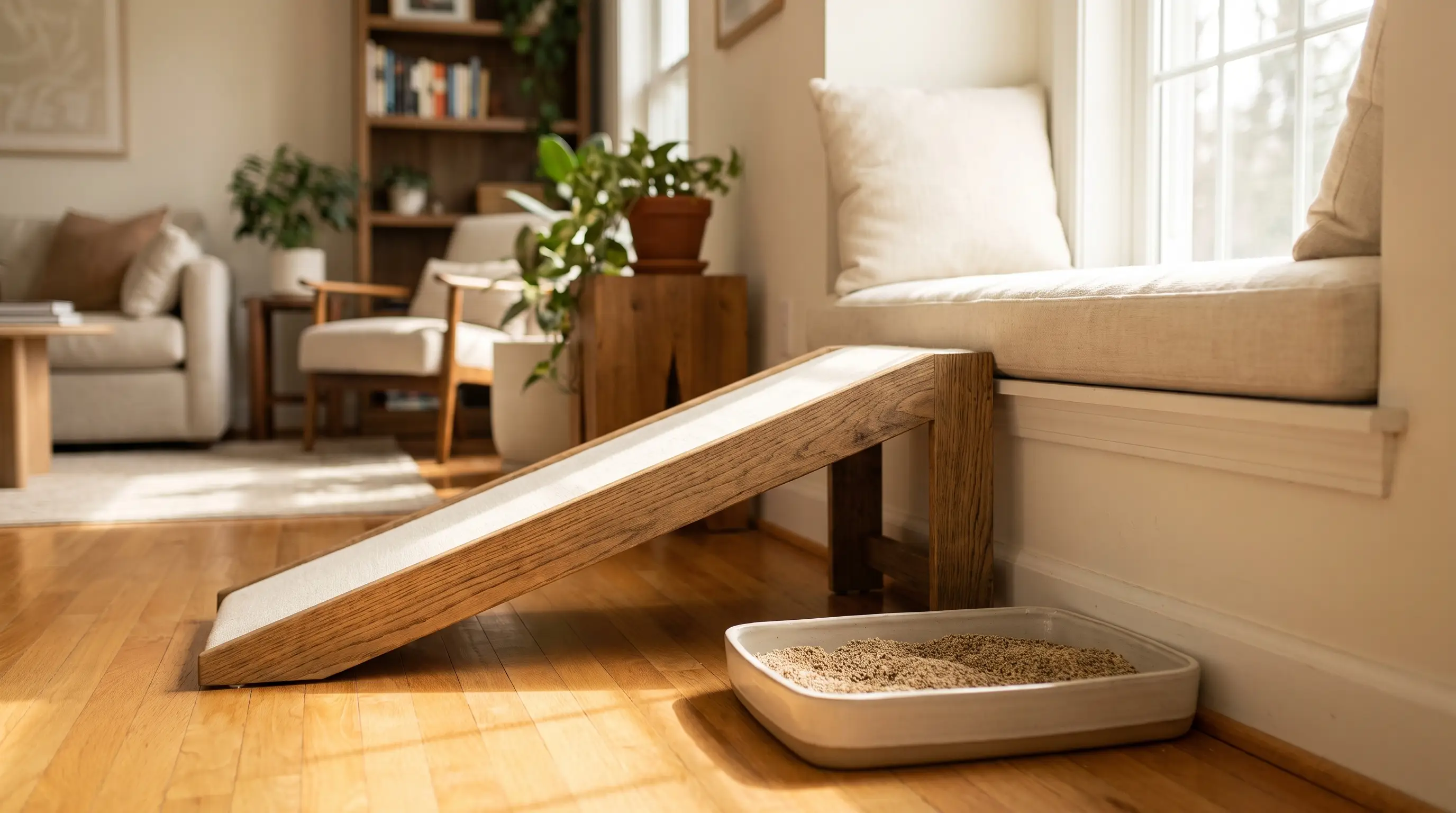 Ramp leading up to a windowsill beside a low-sided litter tray arranged for a senior cat