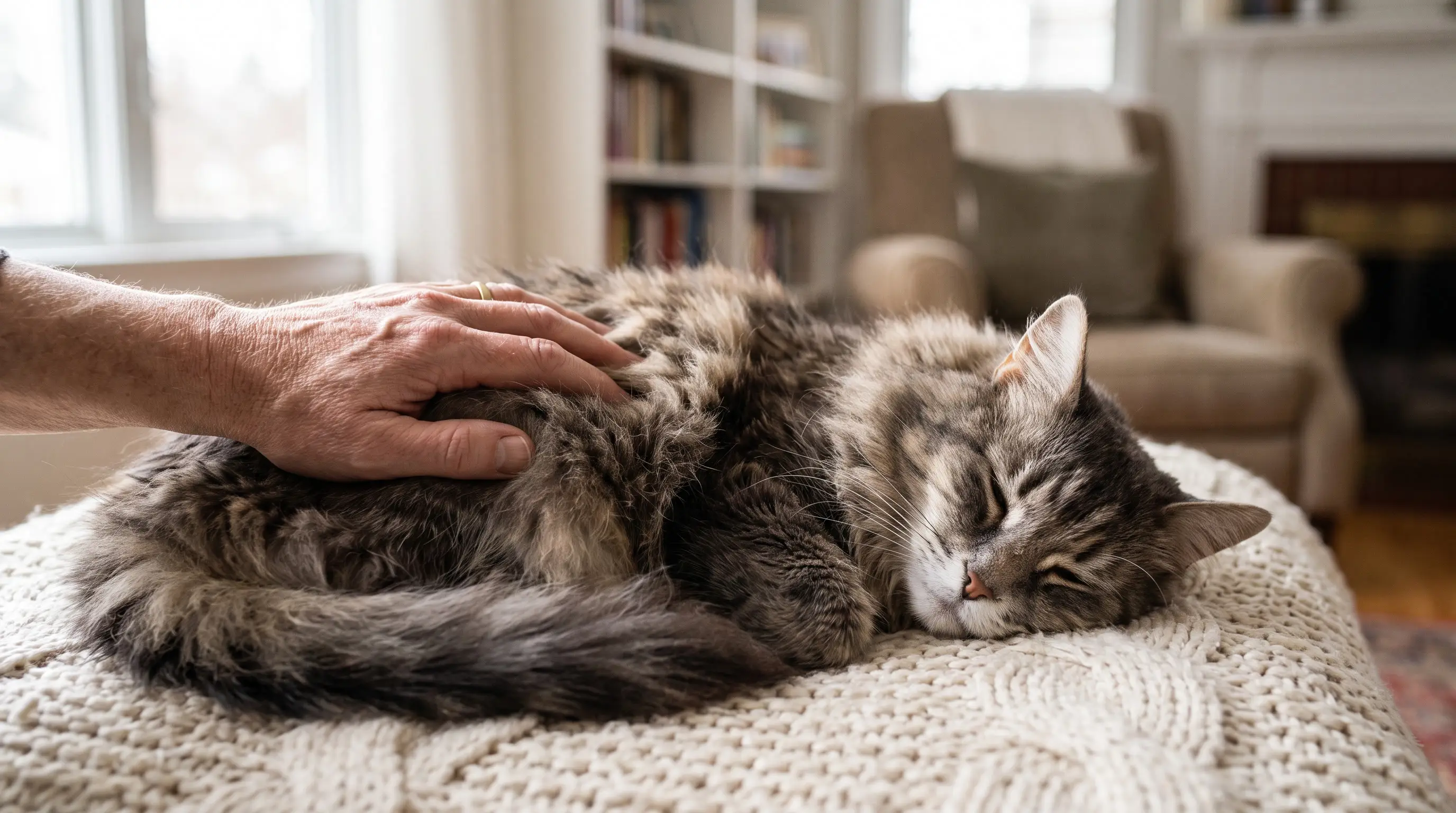 A hand gently brushes a long-haired senior cat, whose coat mats when sore joints stop it grooming itself