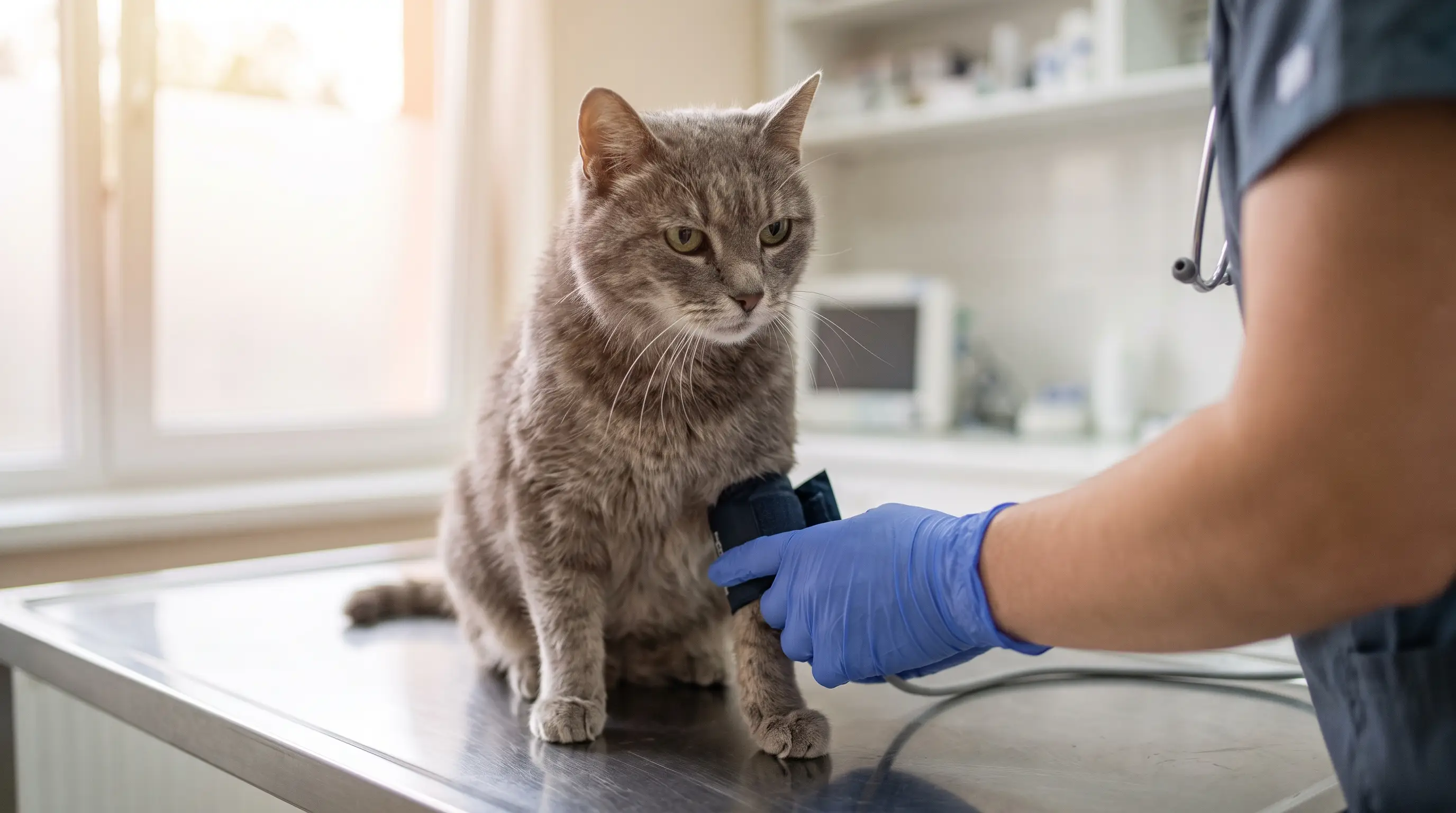 Elderly cat on the exam table having its blood pressure measured during a senior health visit