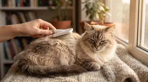 A long-haired senior cat relaxed on a blanket while a hand gently brushes small mats out of its coat